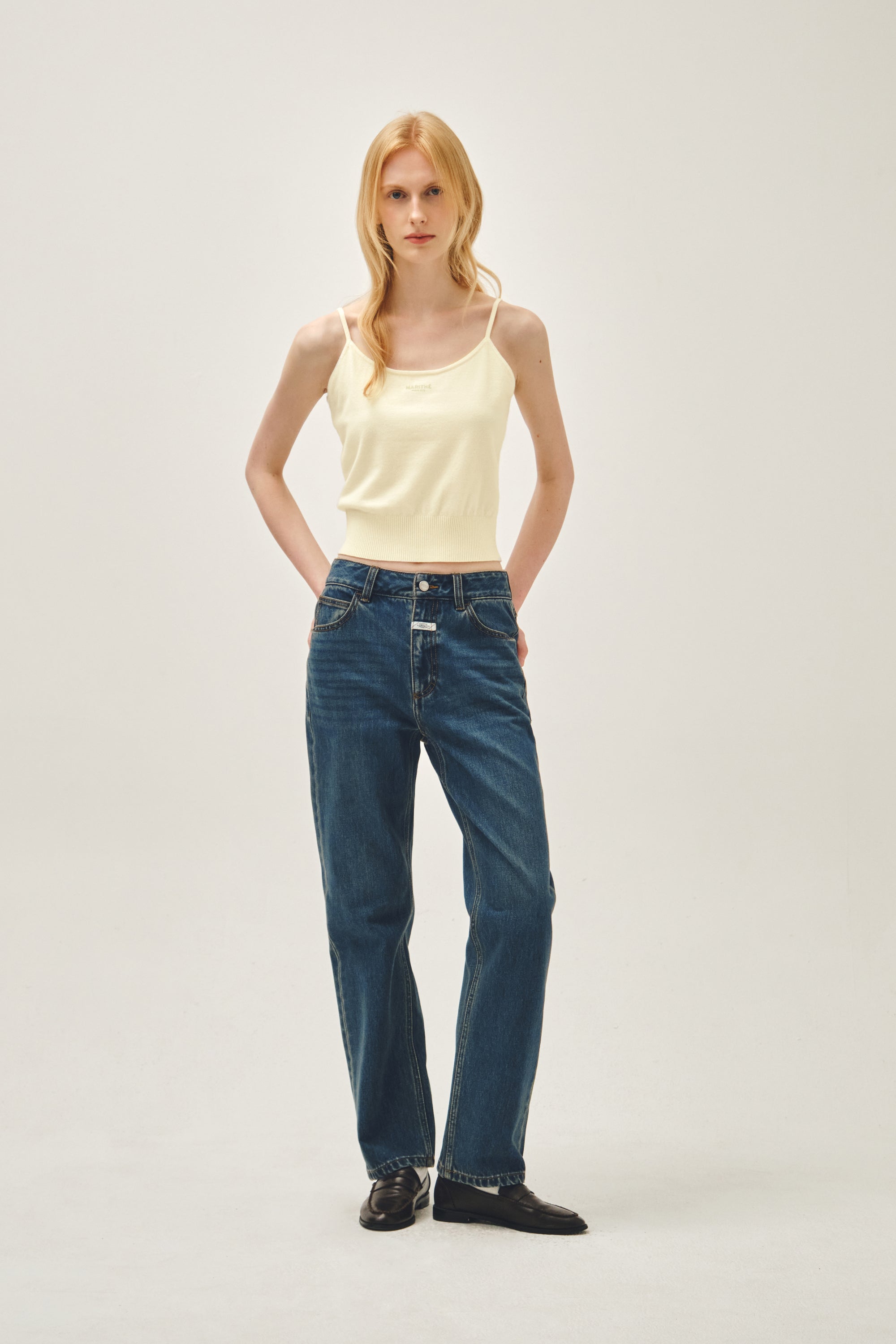 W Slim Staright Denim Pants Dark Blue