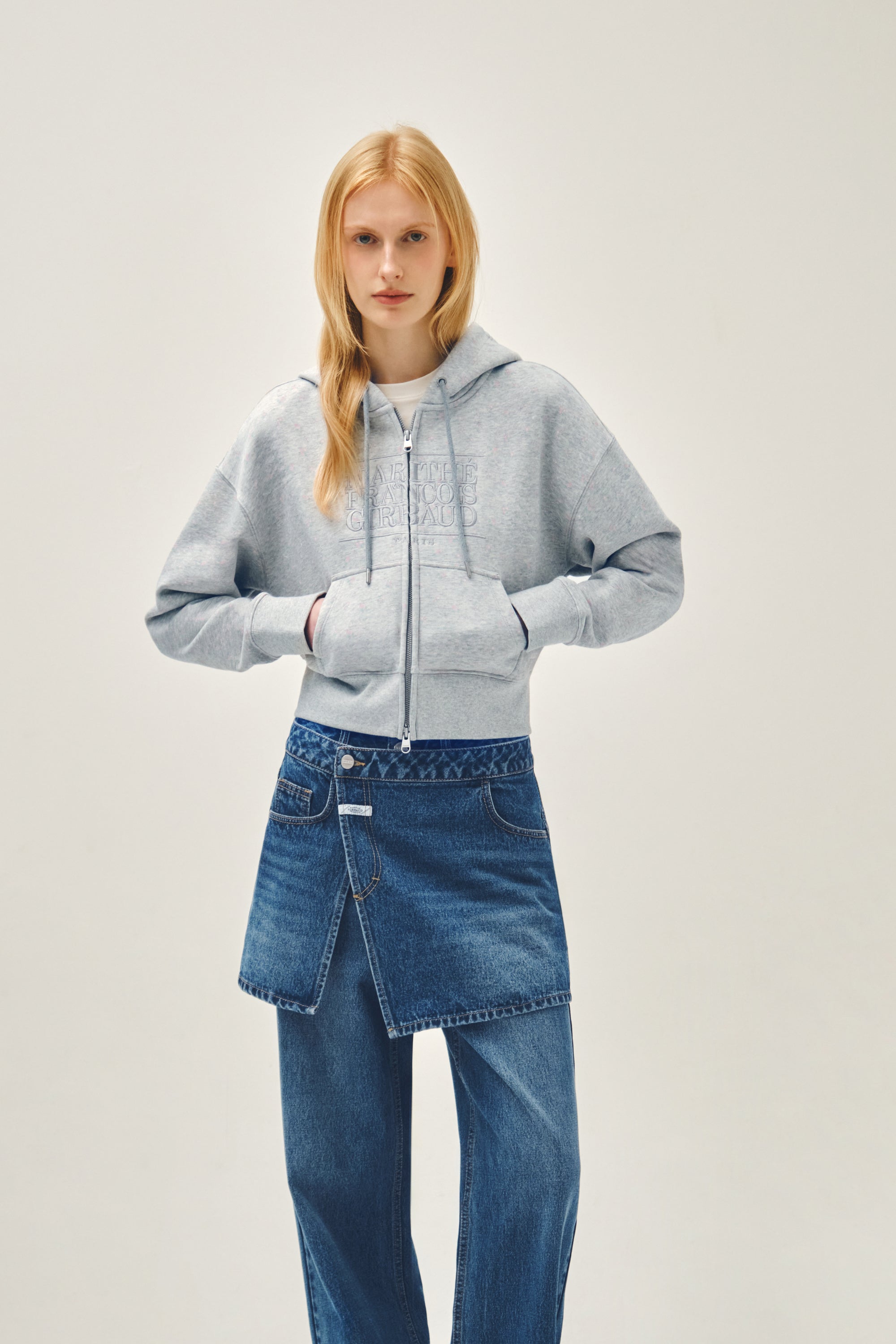 W Classic Logo Crop Hoodie Zipup Heather Gray