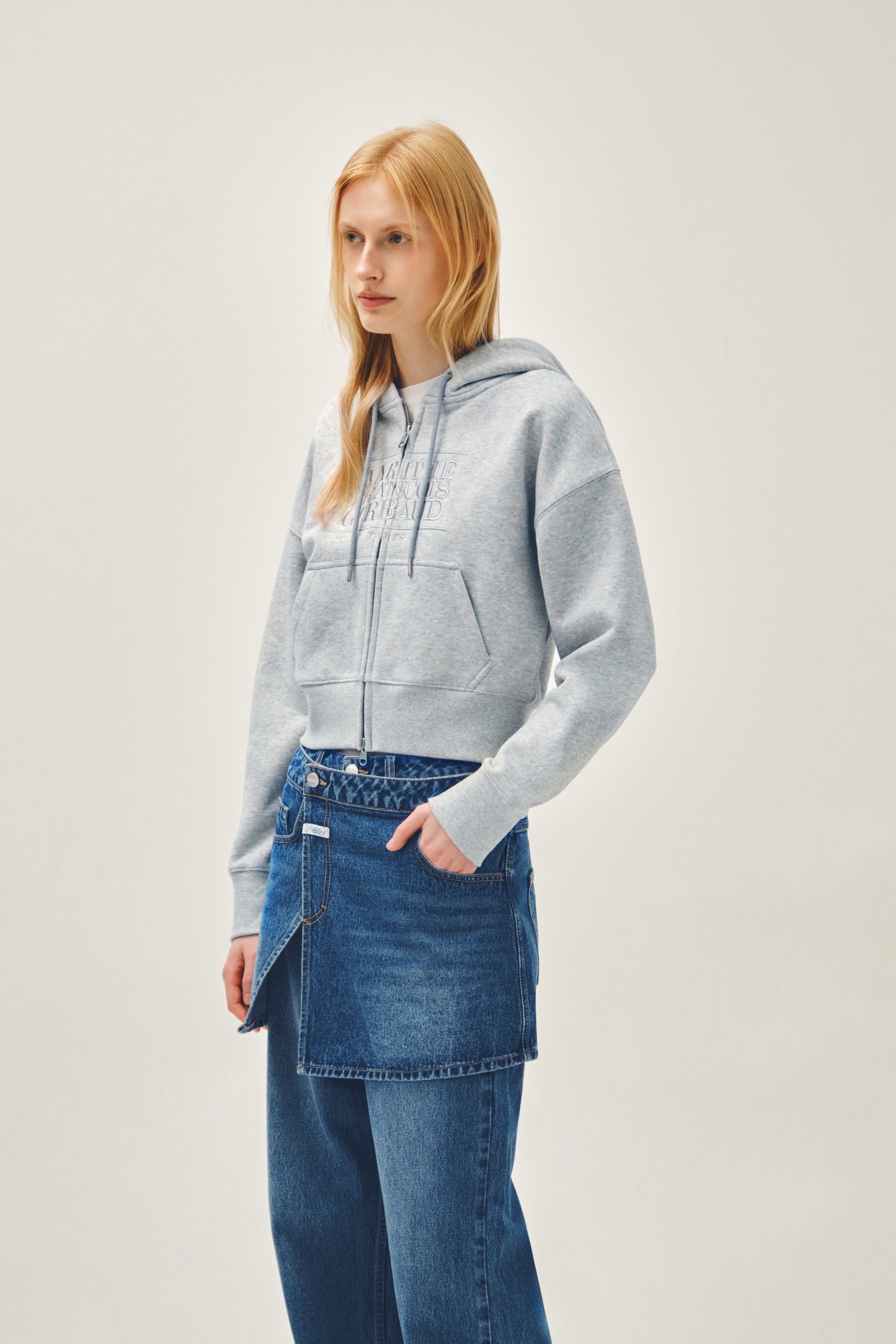 W Classic Logo Crop Hoodie Zipup Heather Gray