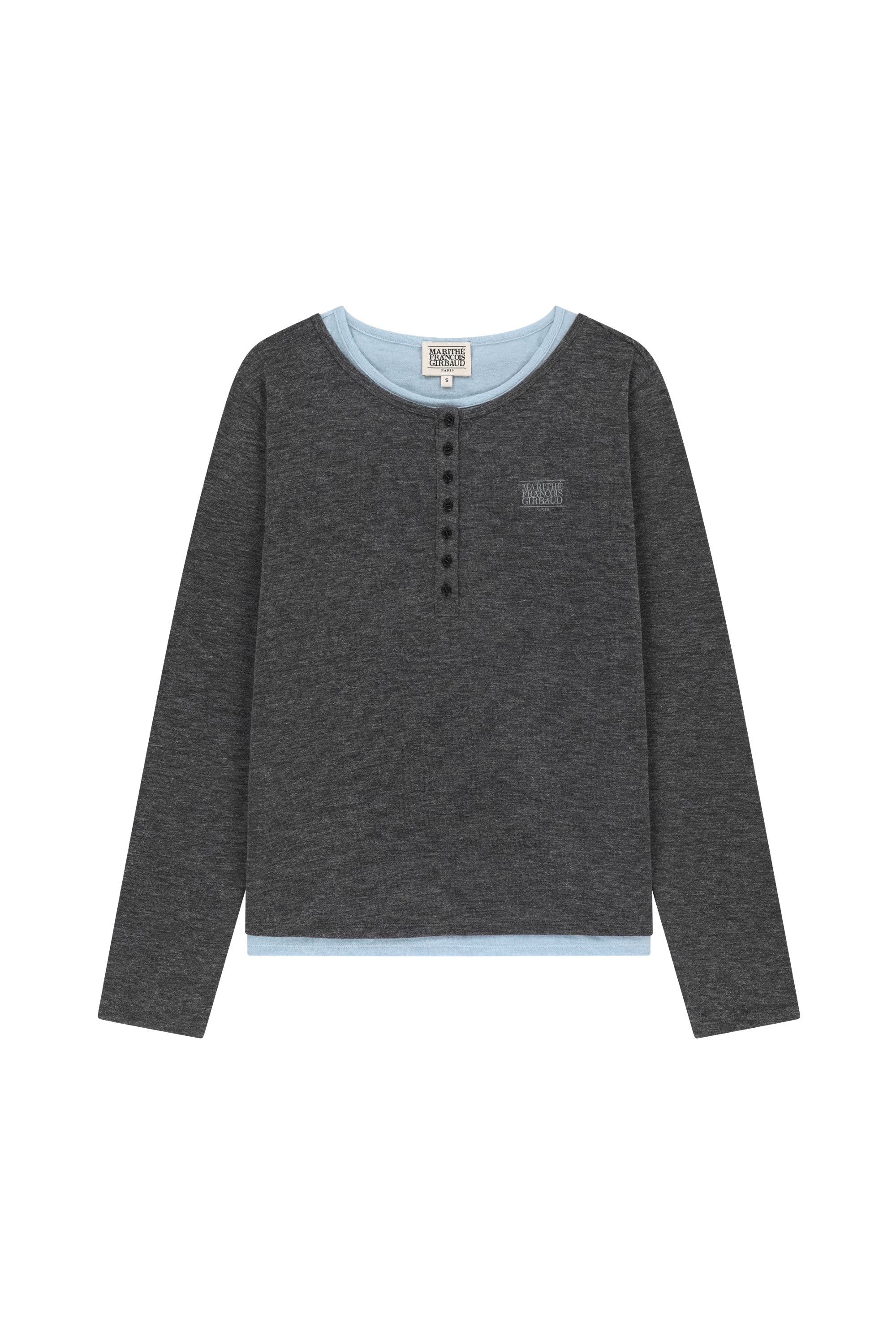 W Henley Neck Layered Long Sleeve Tee Charcoal