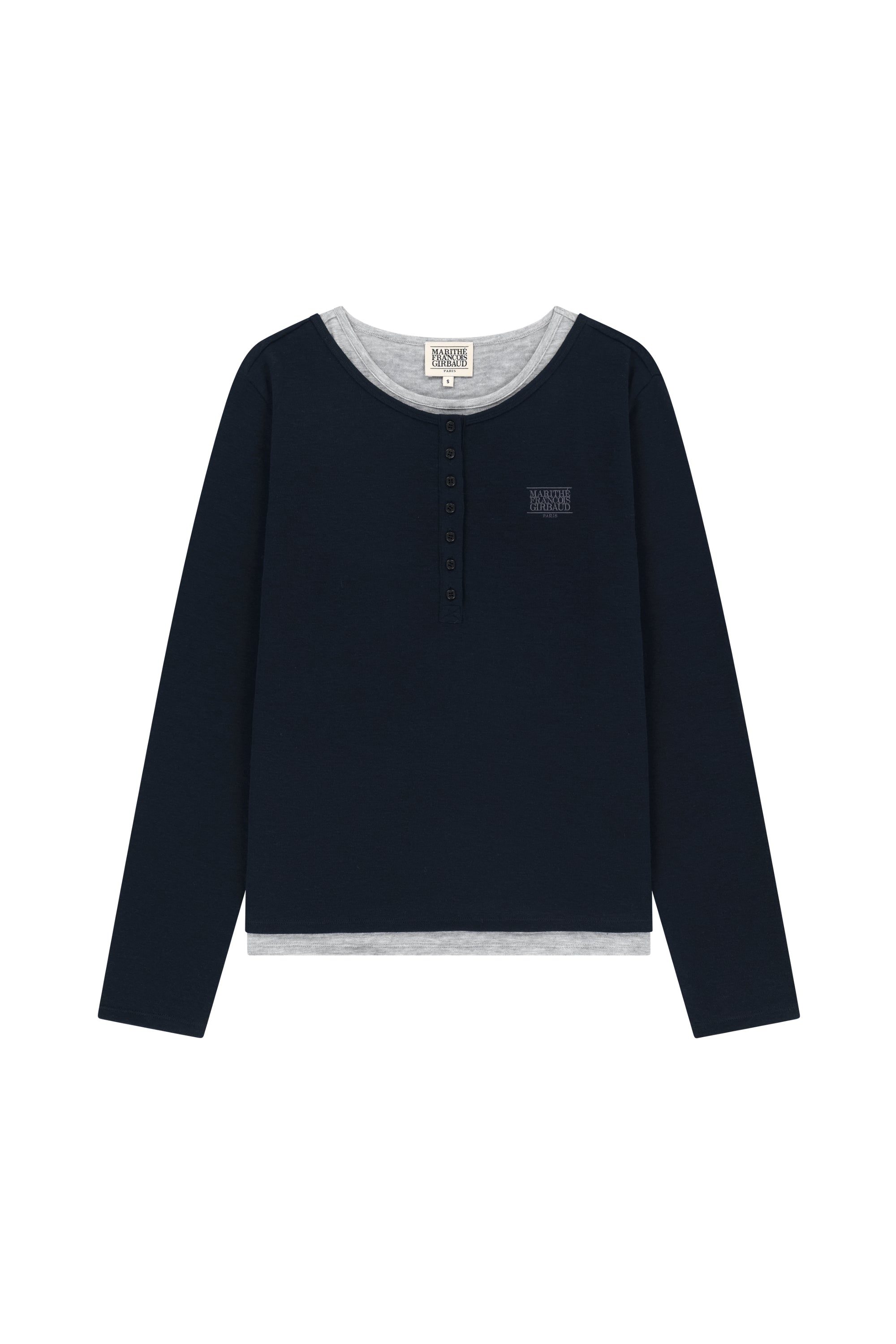 W Henley Neck Layered Long Sleeve Tee Navy