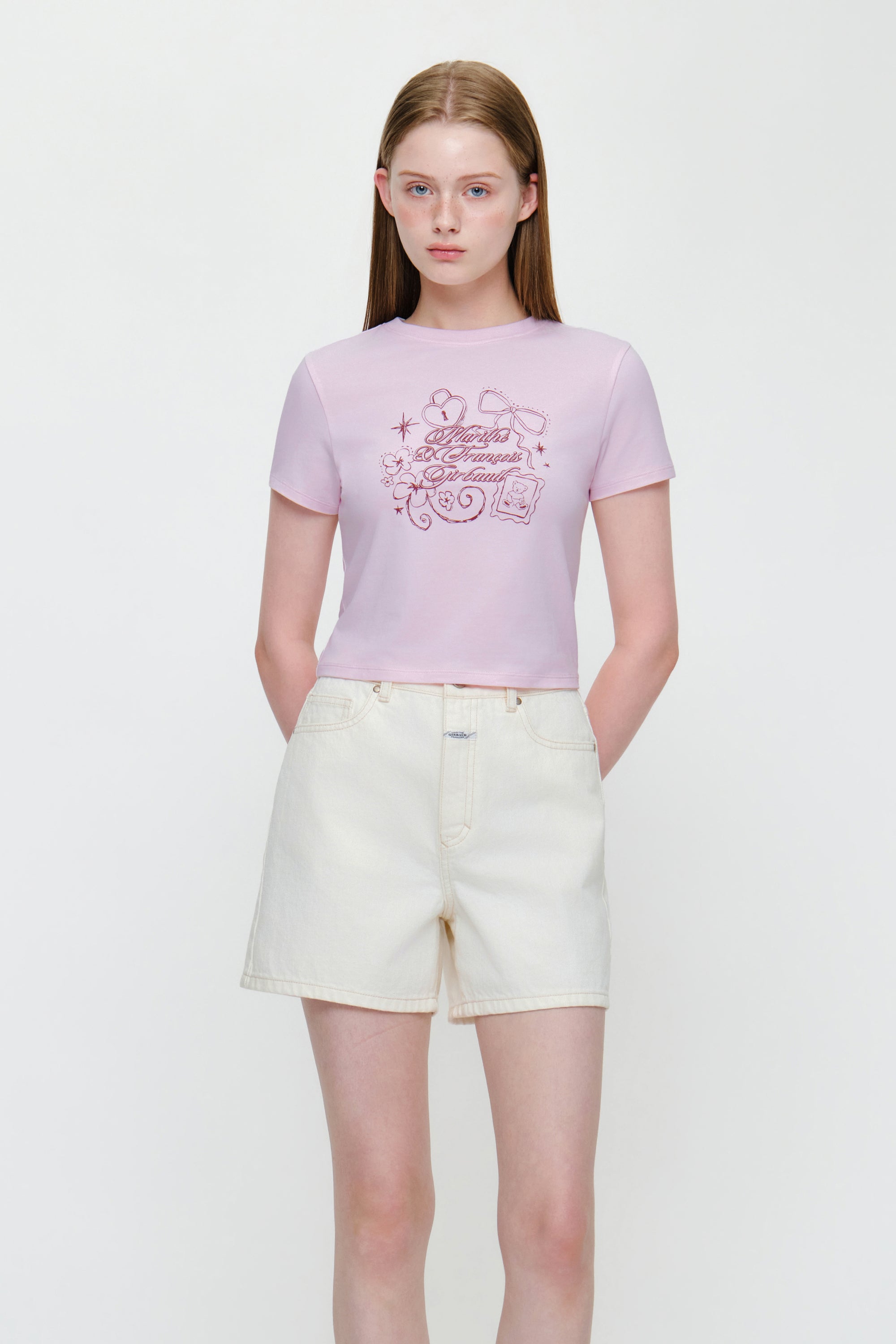 W Ribbon Logo Slim Fit Crop Tee Light Pink