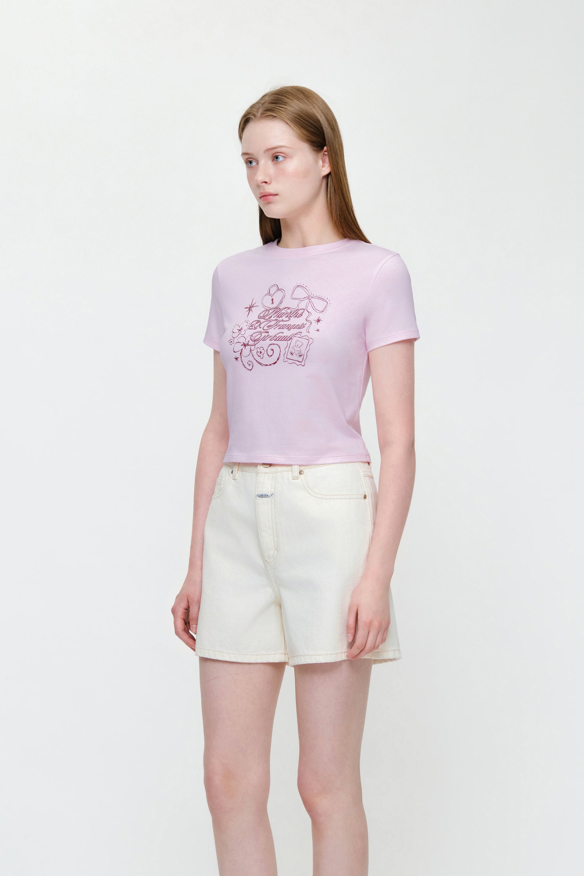 W Ribbon Logo Slim Fit Crop Tee Light Pink