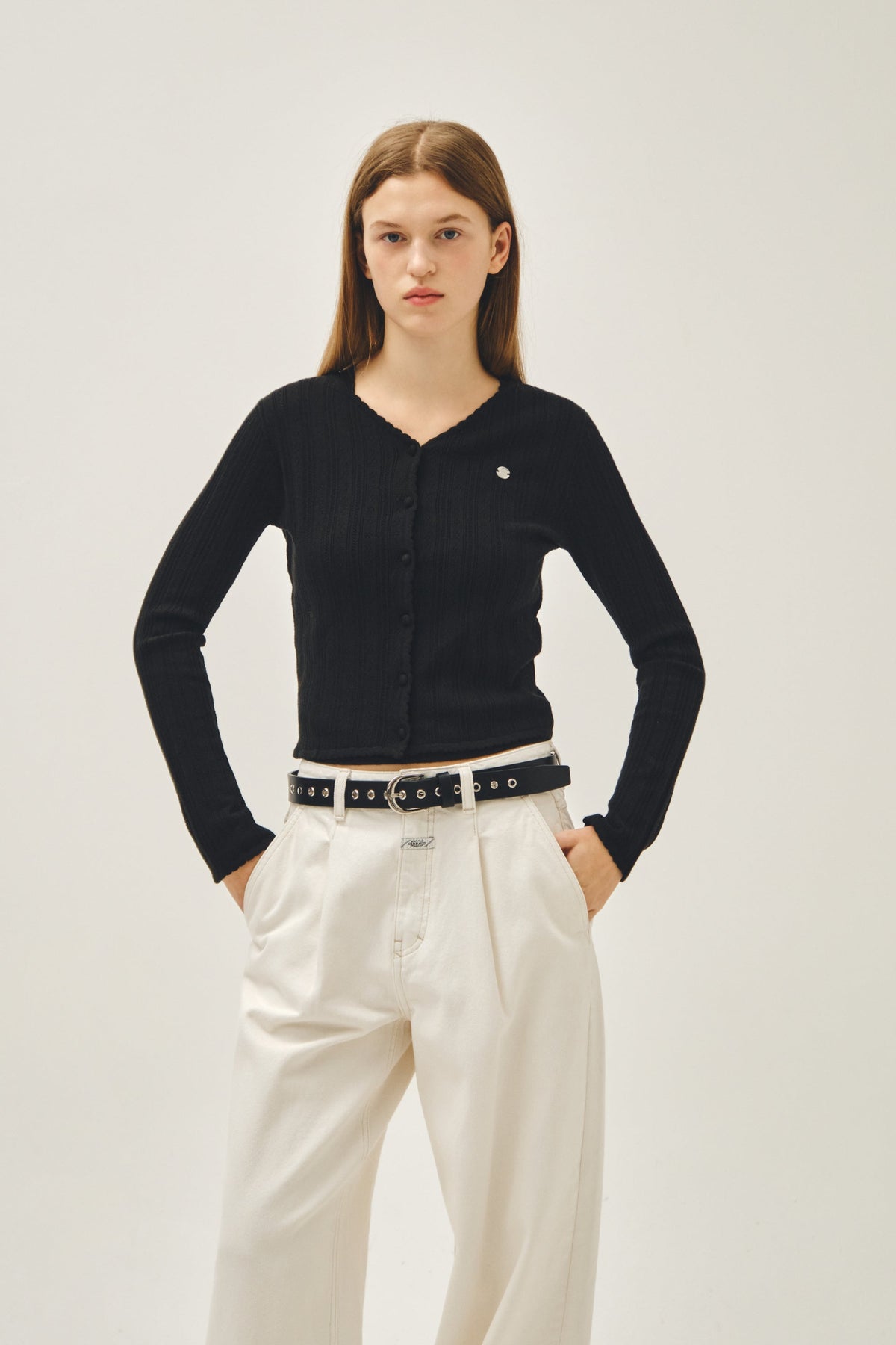 W V-Neck Crochet Knit Cardigan Black