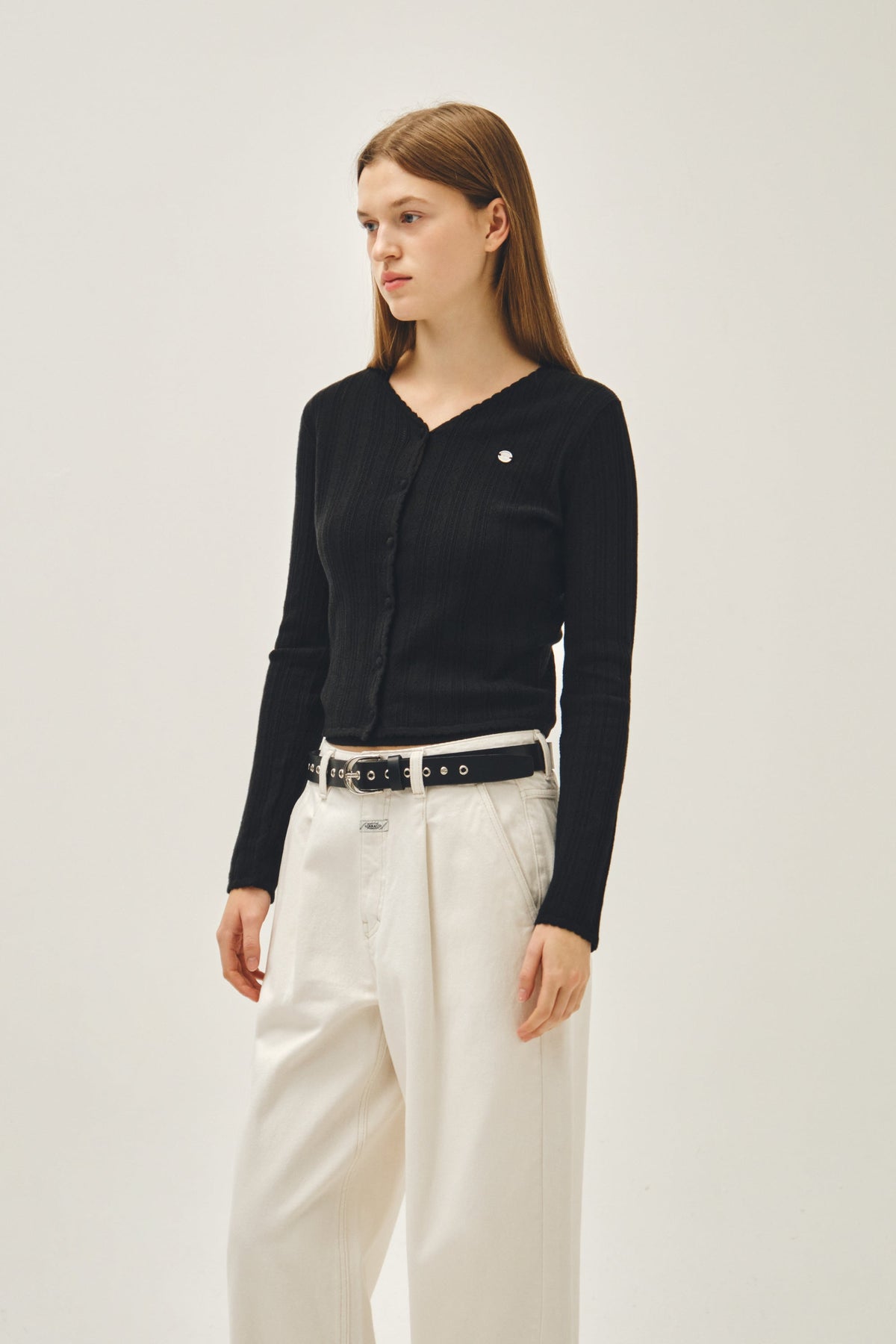W V-Neck Crochet Knit Cardigan Black