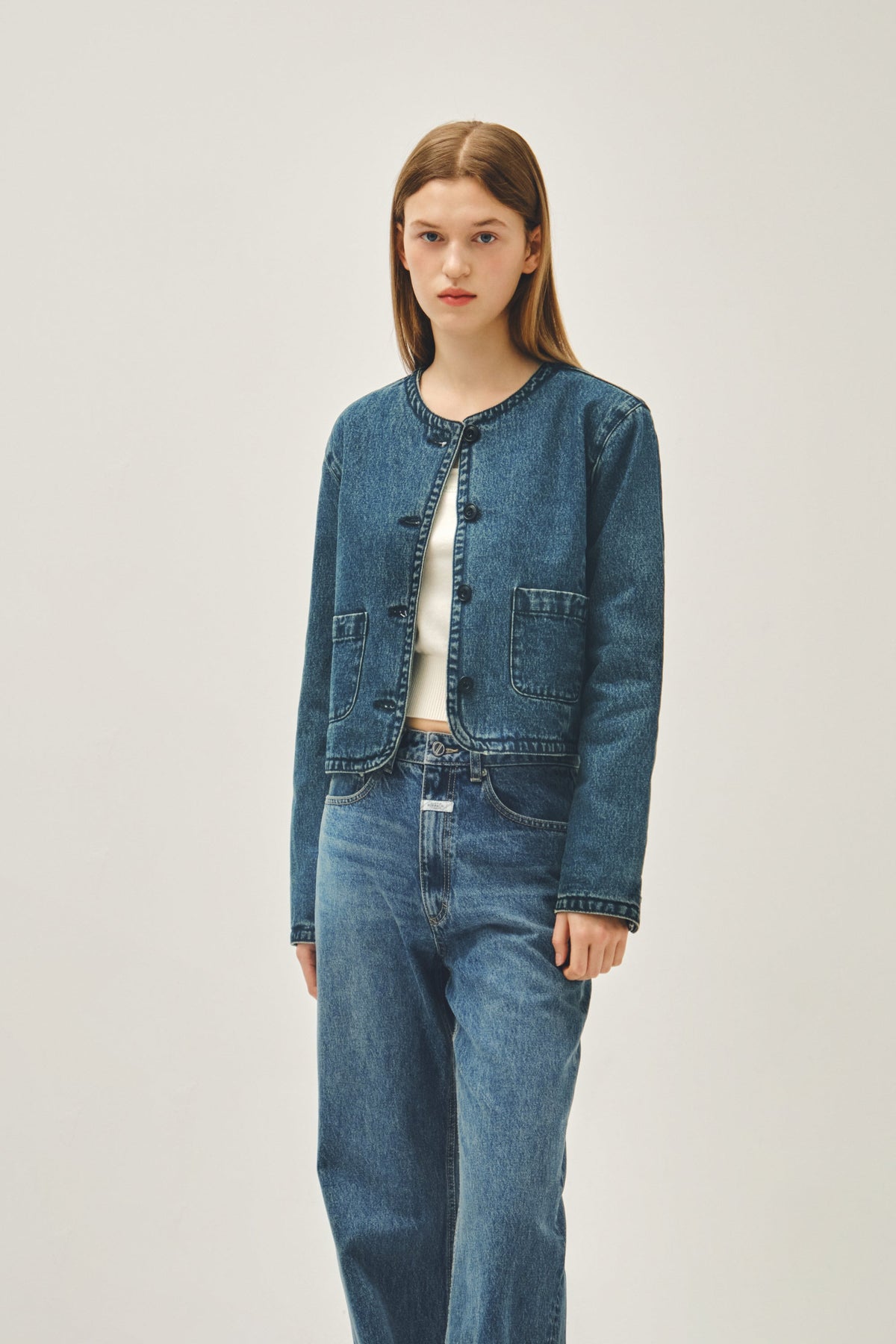 W Round Neck Denim Jacket Dark Blue