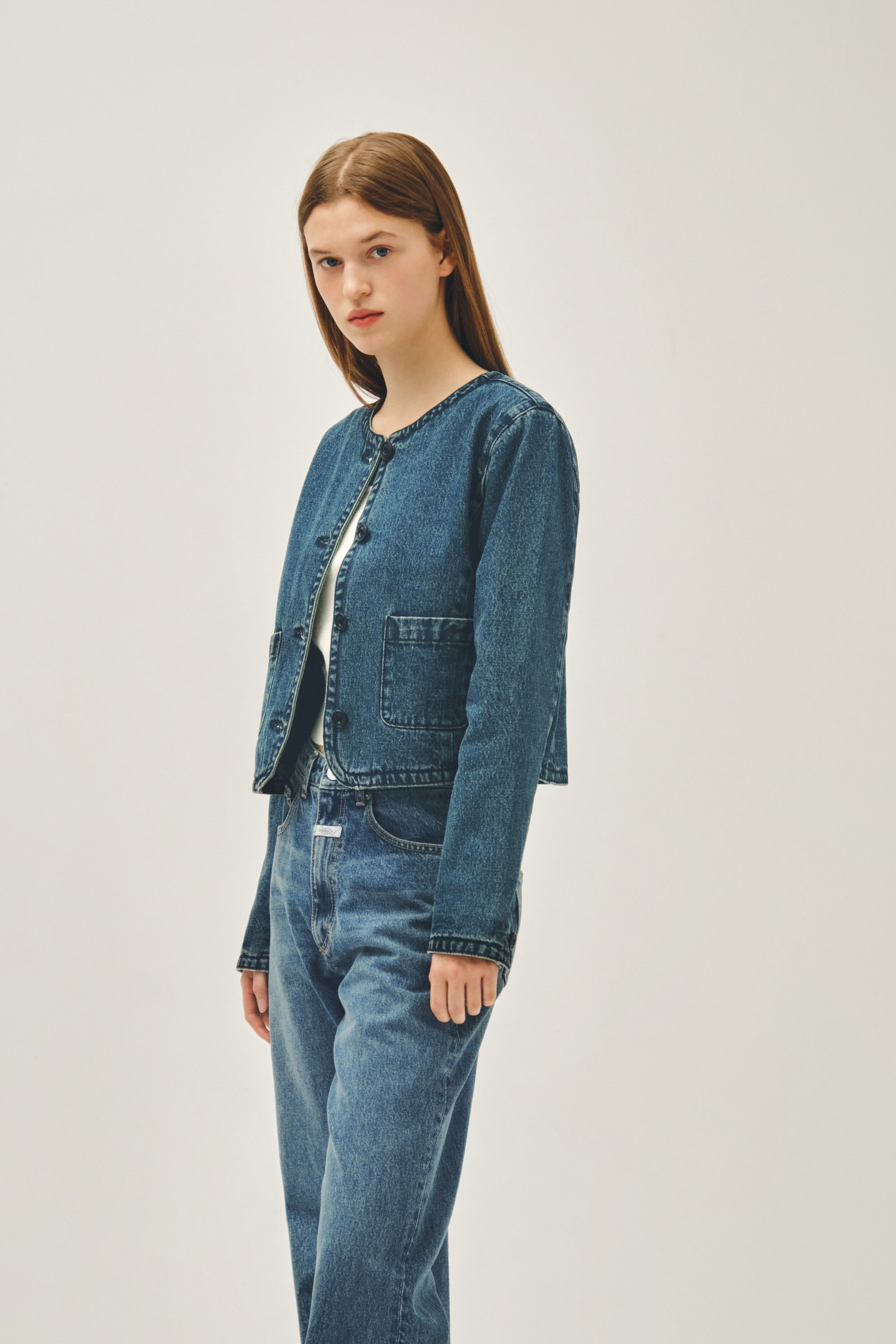 W Round Neck Denim Jacket Dark Blue