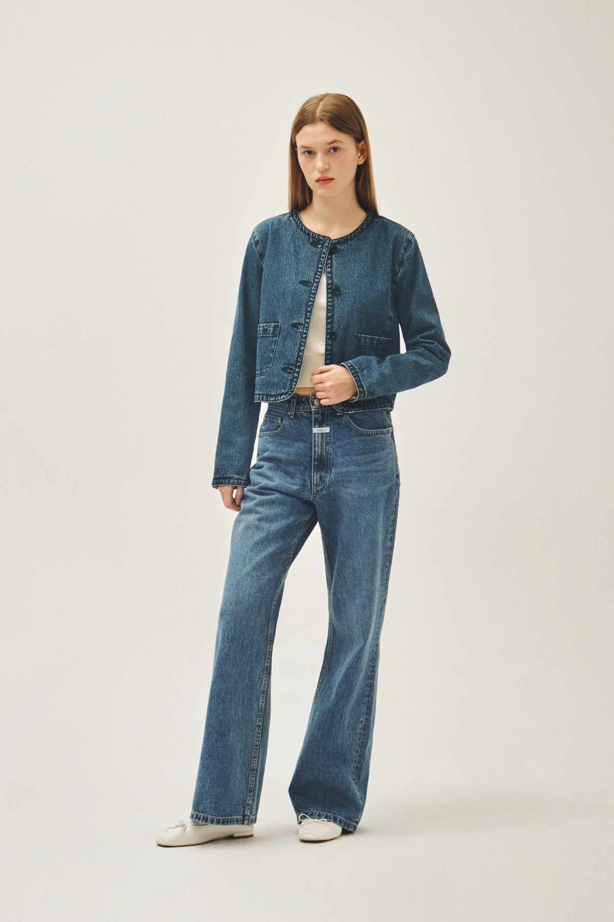 W Round Neck Denim Jacket Dark Blue