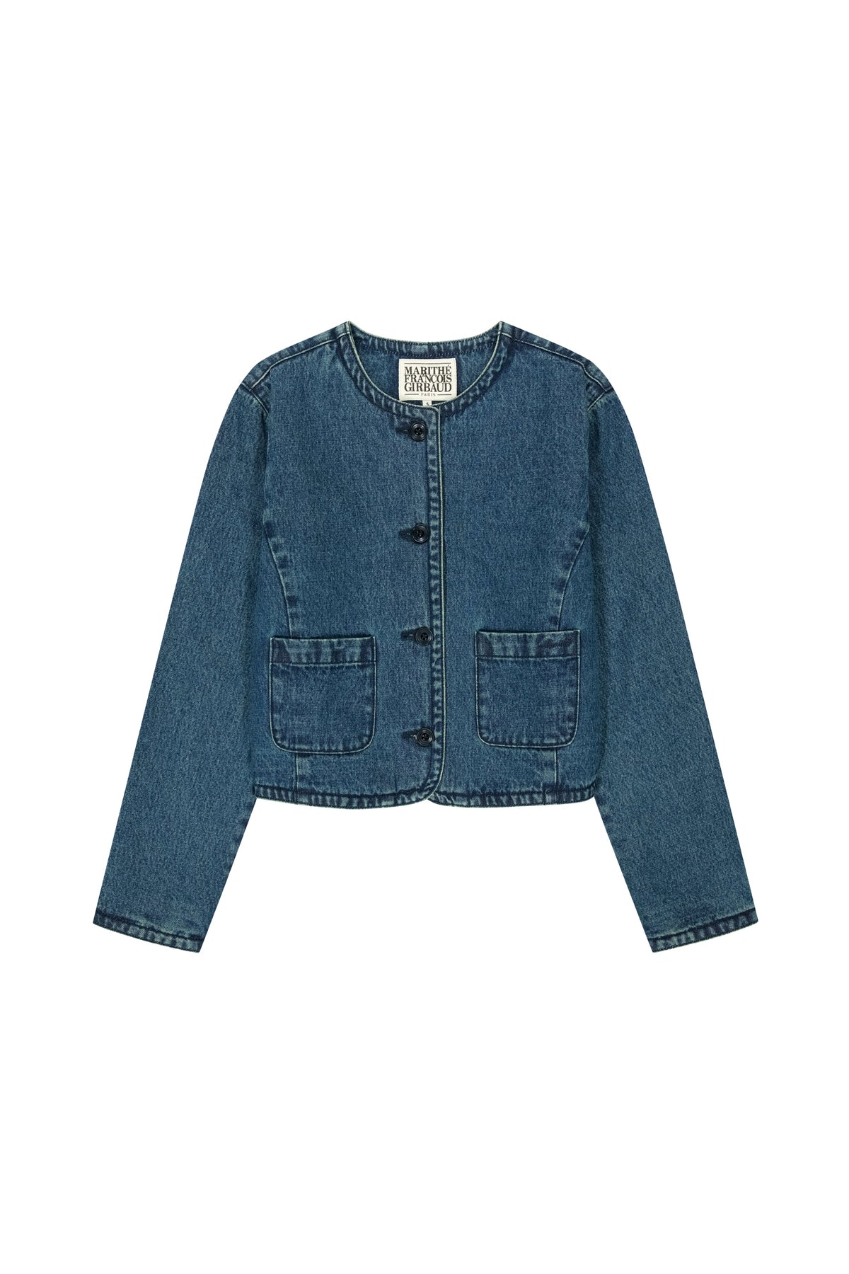 W Round Neck Denim Jacket Dark Blue