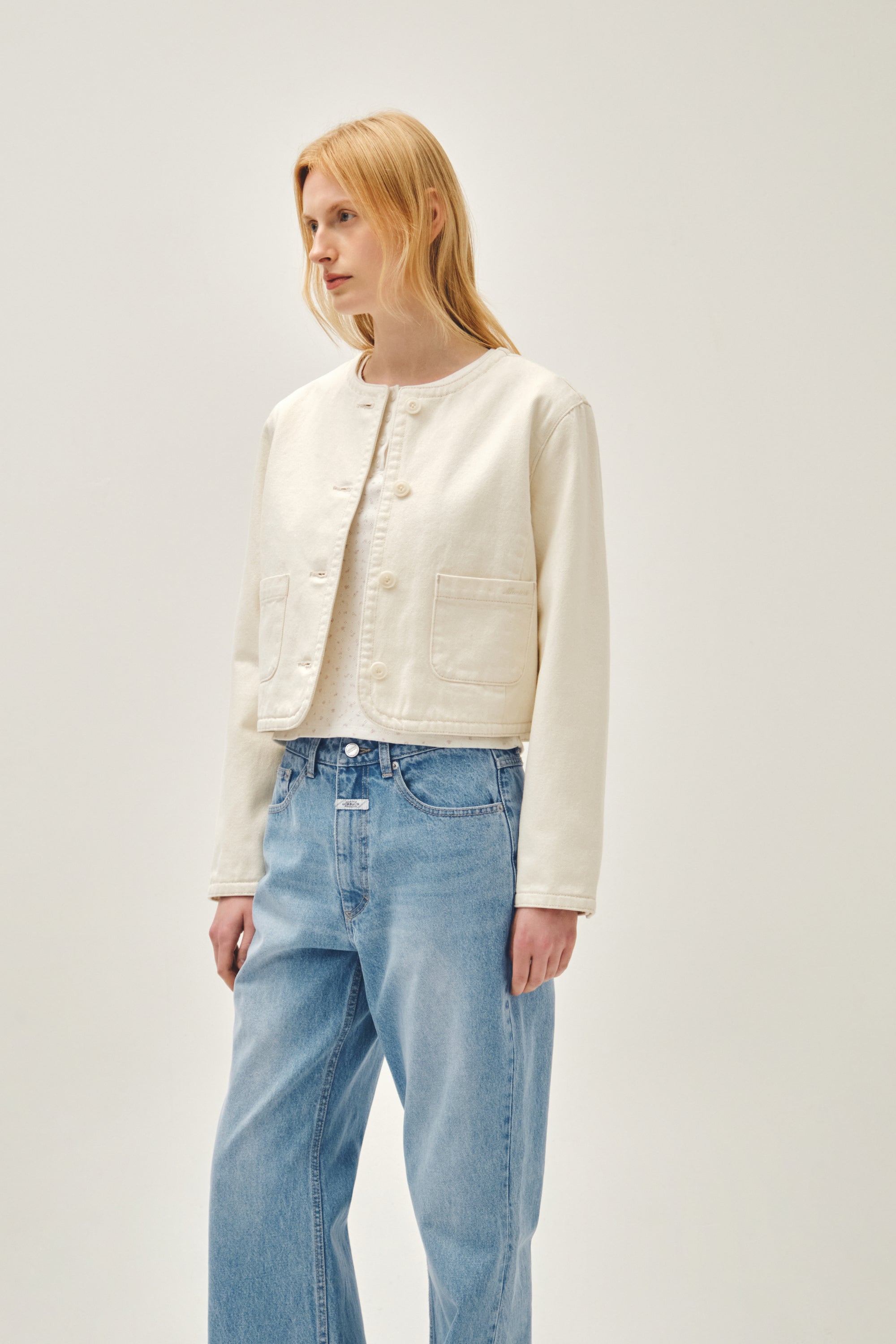 W Round Neck Denim Jacket Ecru