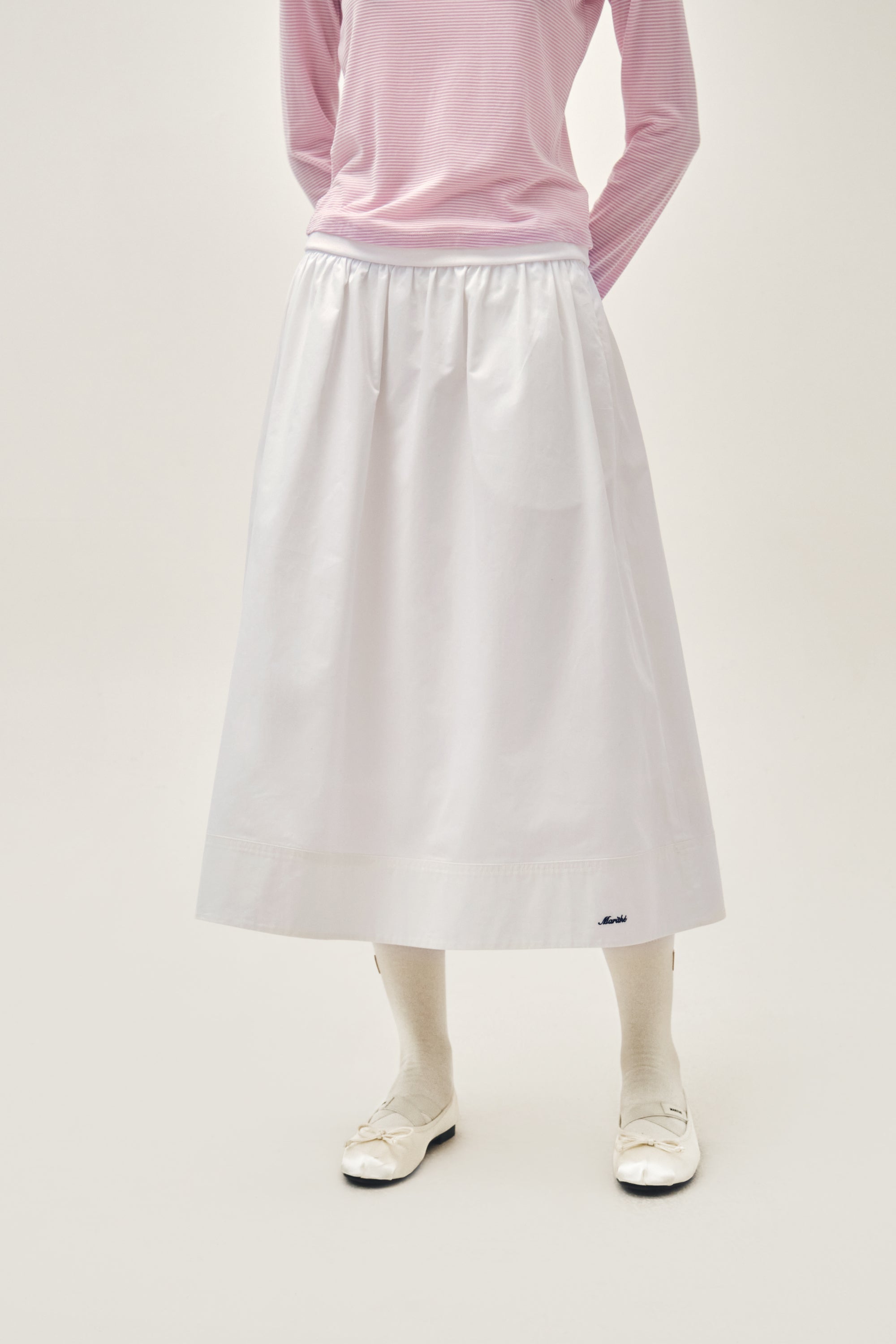 W Cotton Waist Wrinkle Skirt White