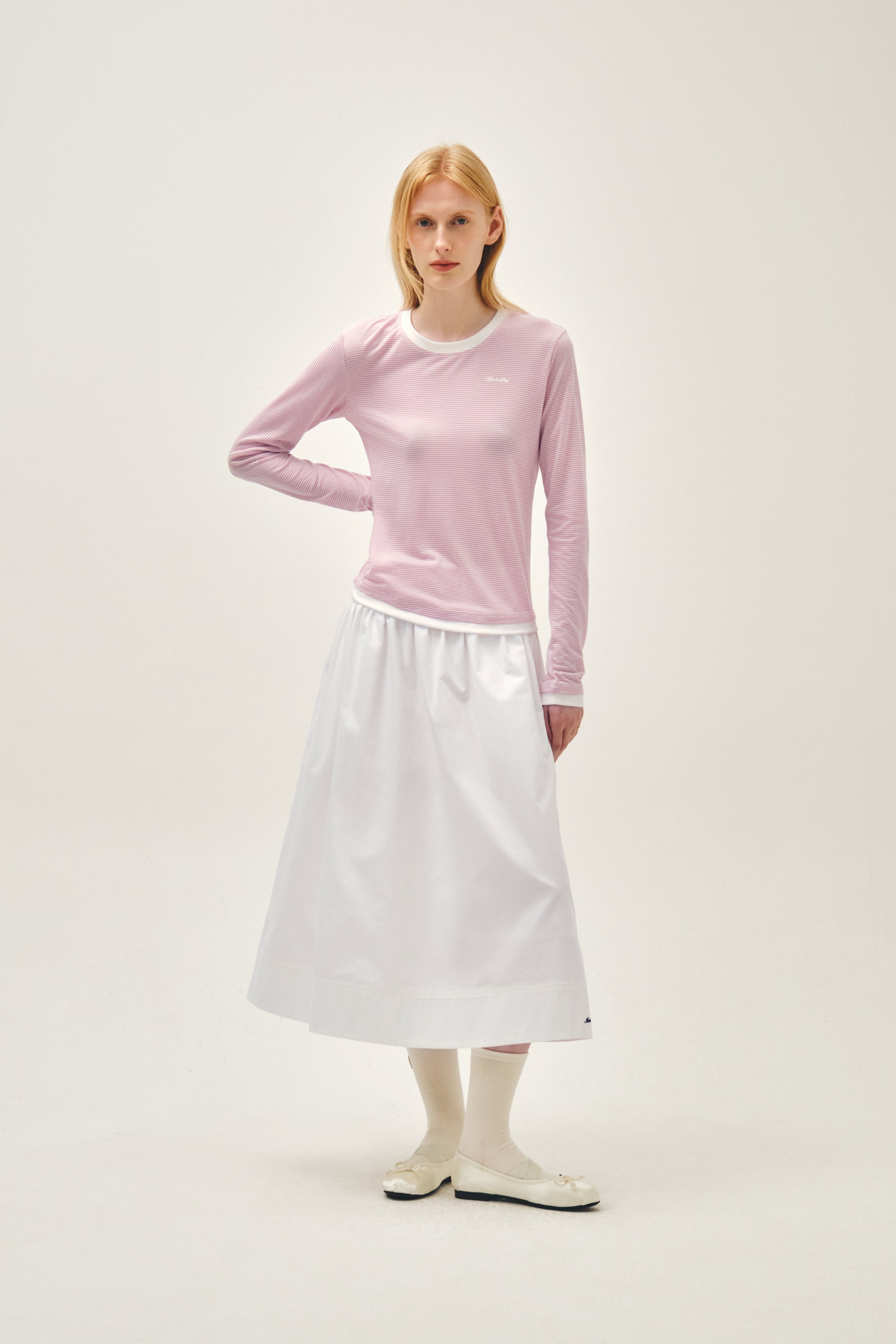 W Cotton Waist Wrinkle Skirt White