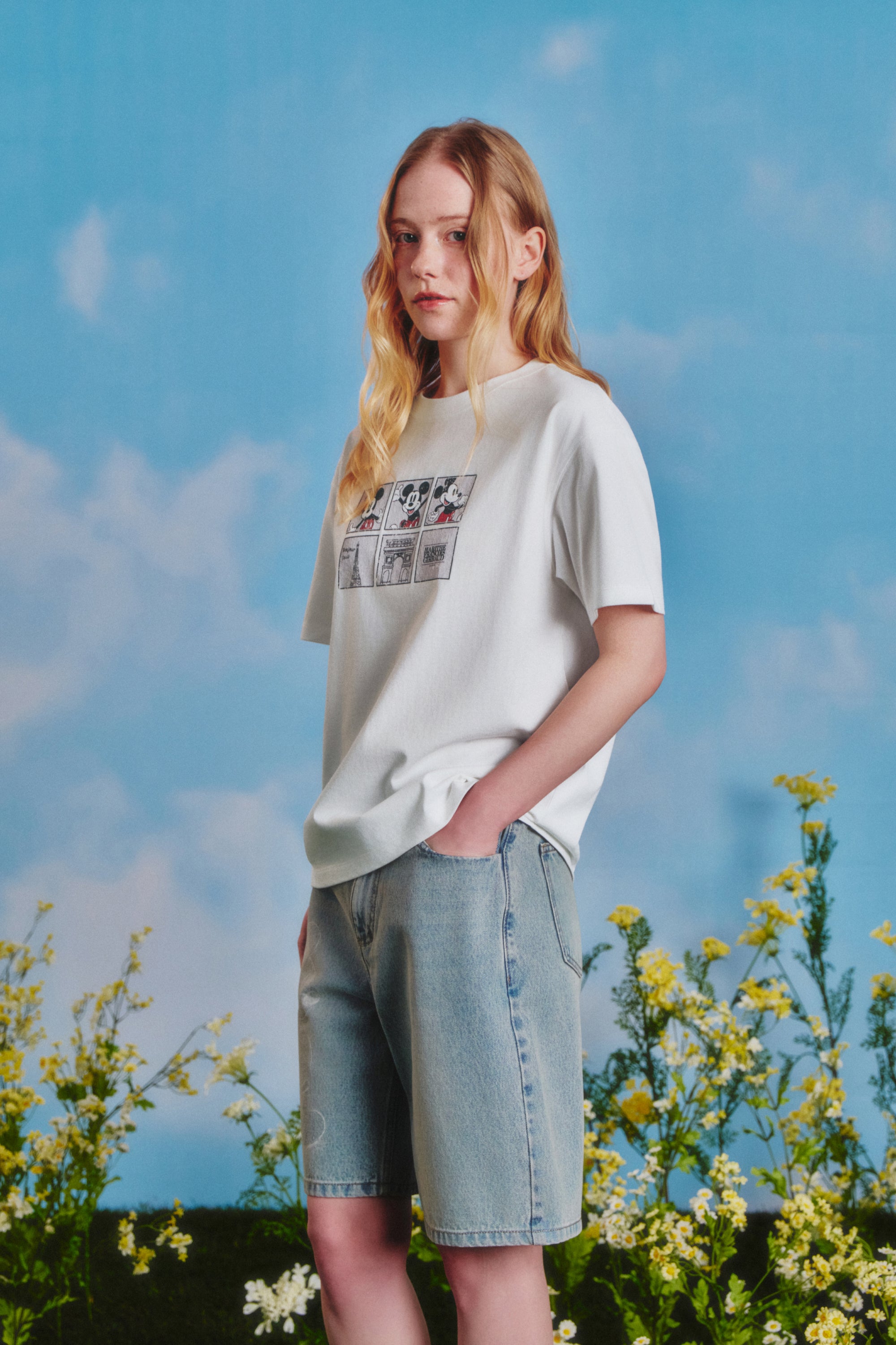 [MARITHE_DISNEY] Mickey W Bermuda Denim Pants Light Blue