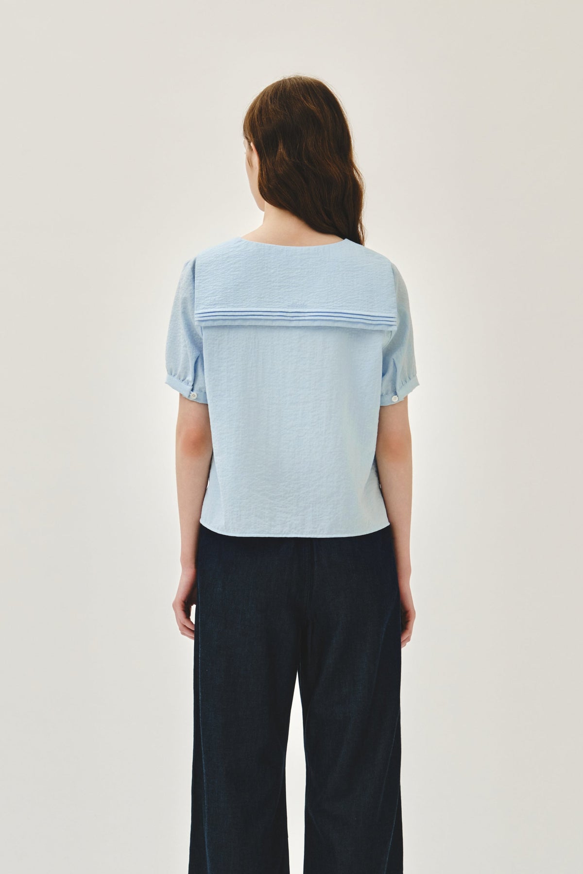 W Pin Tuck Sailor Half Sleeve Shirt Sky Blue