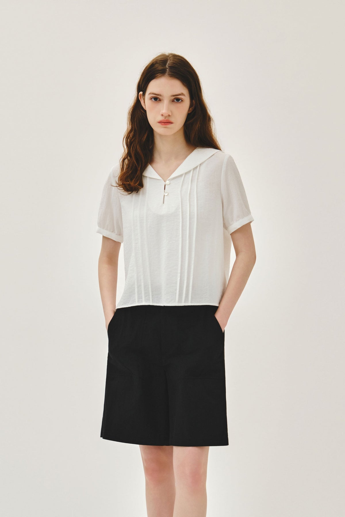 W Pin Tuck Sailor Half Sleeve Shirt White