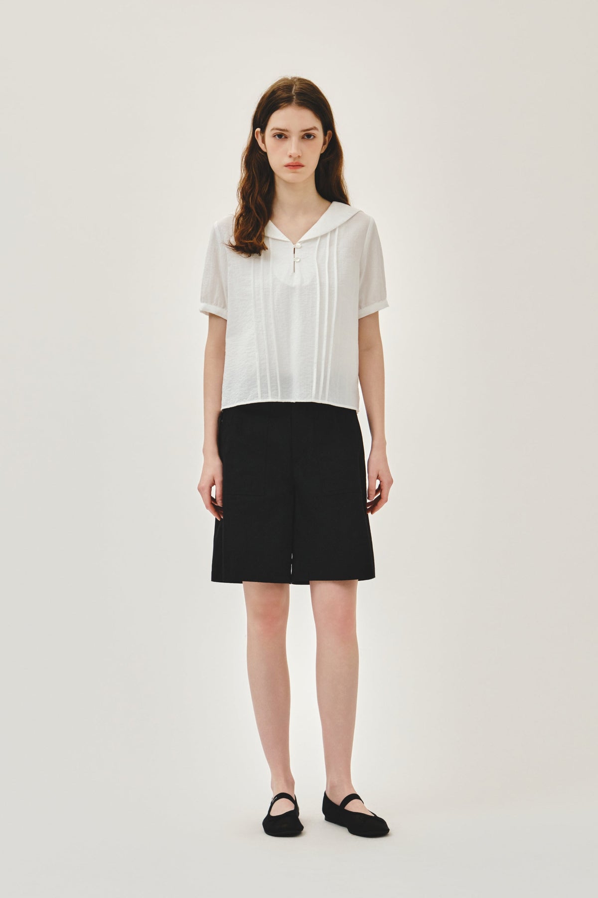 W Pin Tuck Sailor Half Sleeve Shirt White
