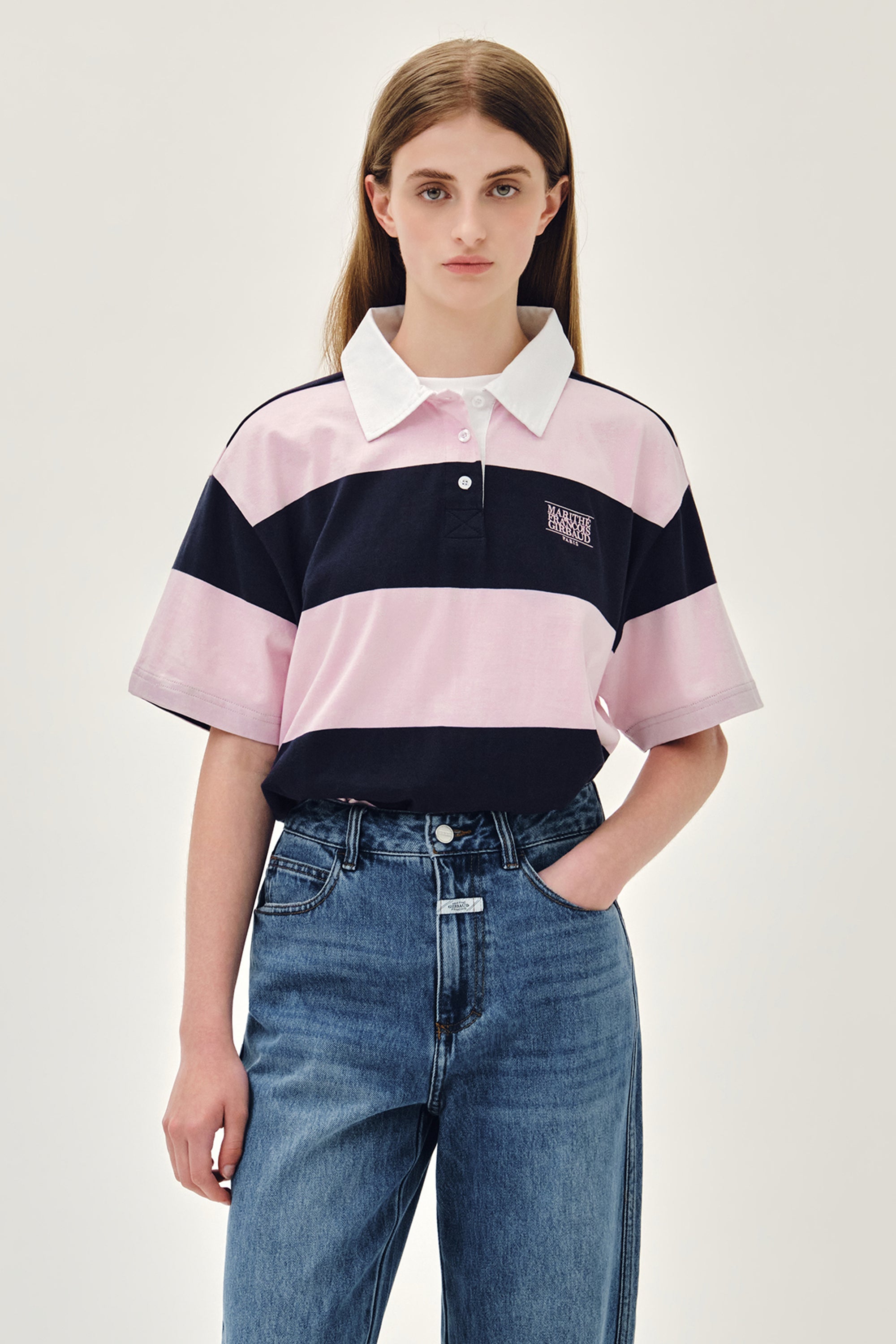 Rugby Stripe Over Collar Tee Pink