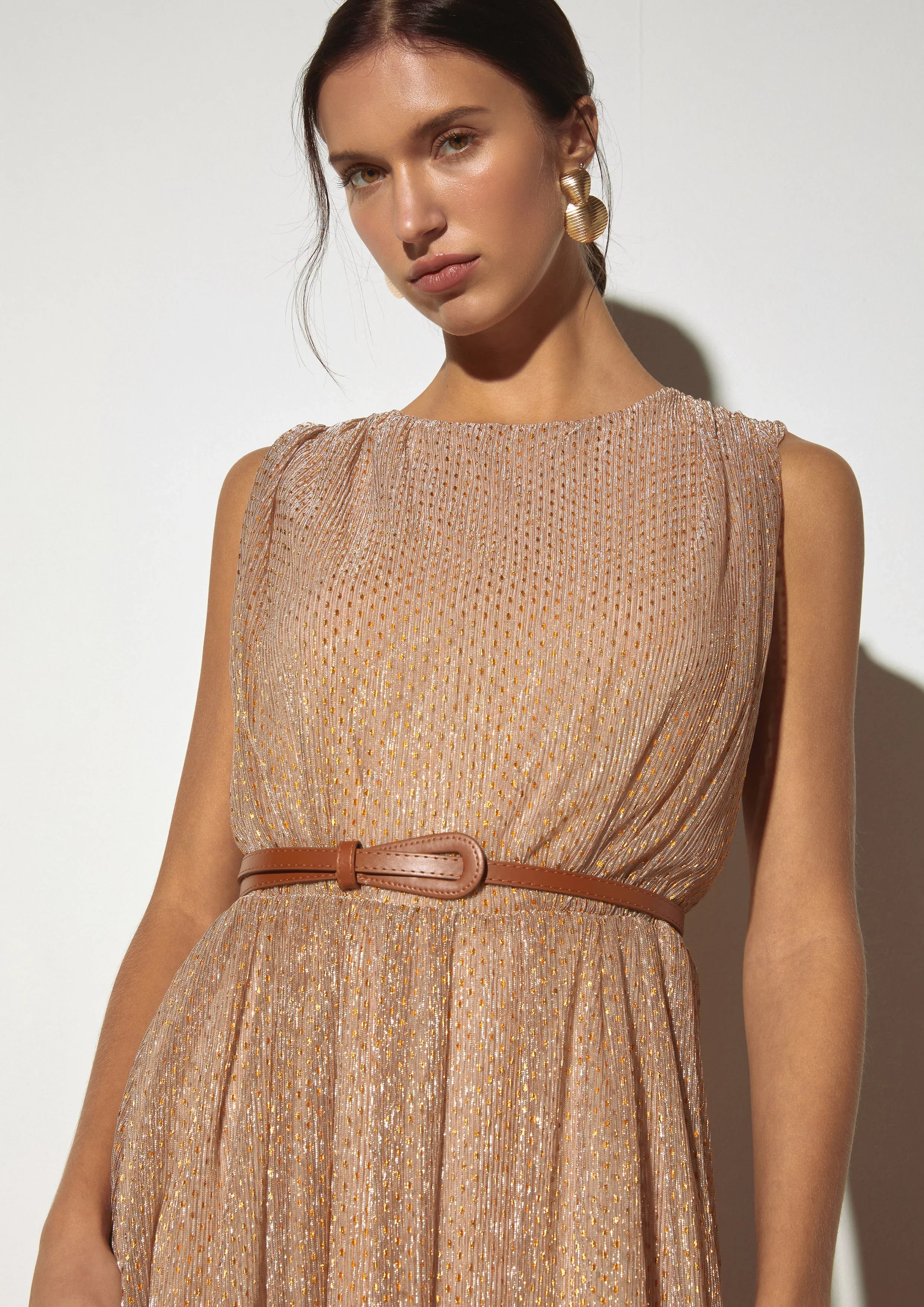 Metallic Pleated Sleeveless Maxi Dress