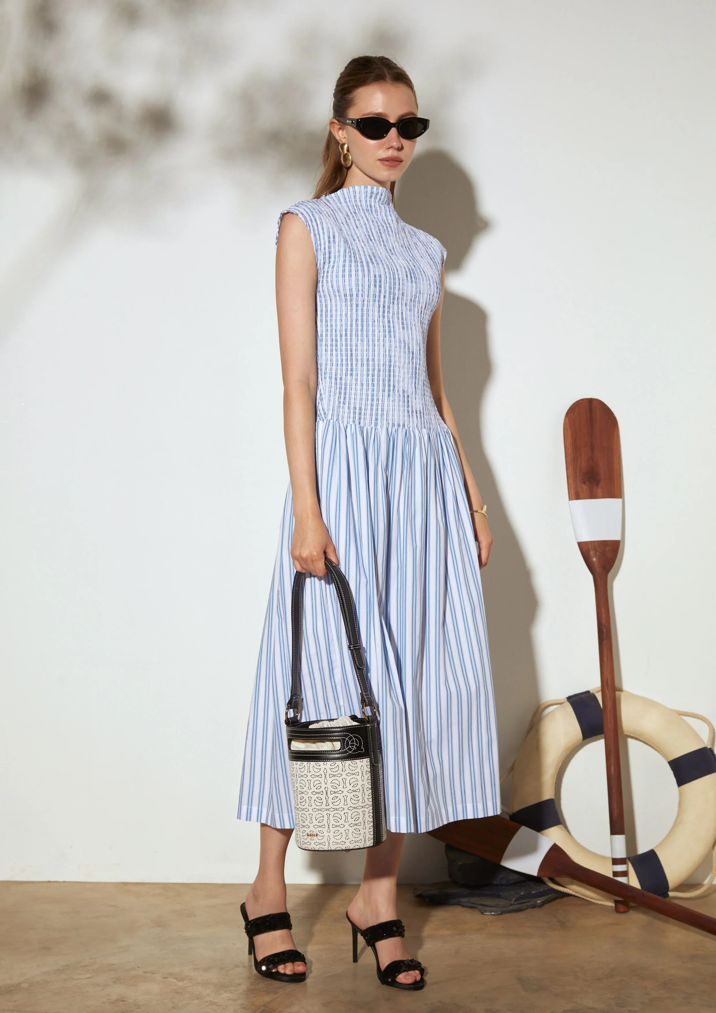 Sleeveless Smocked Midi Dress with High Neck