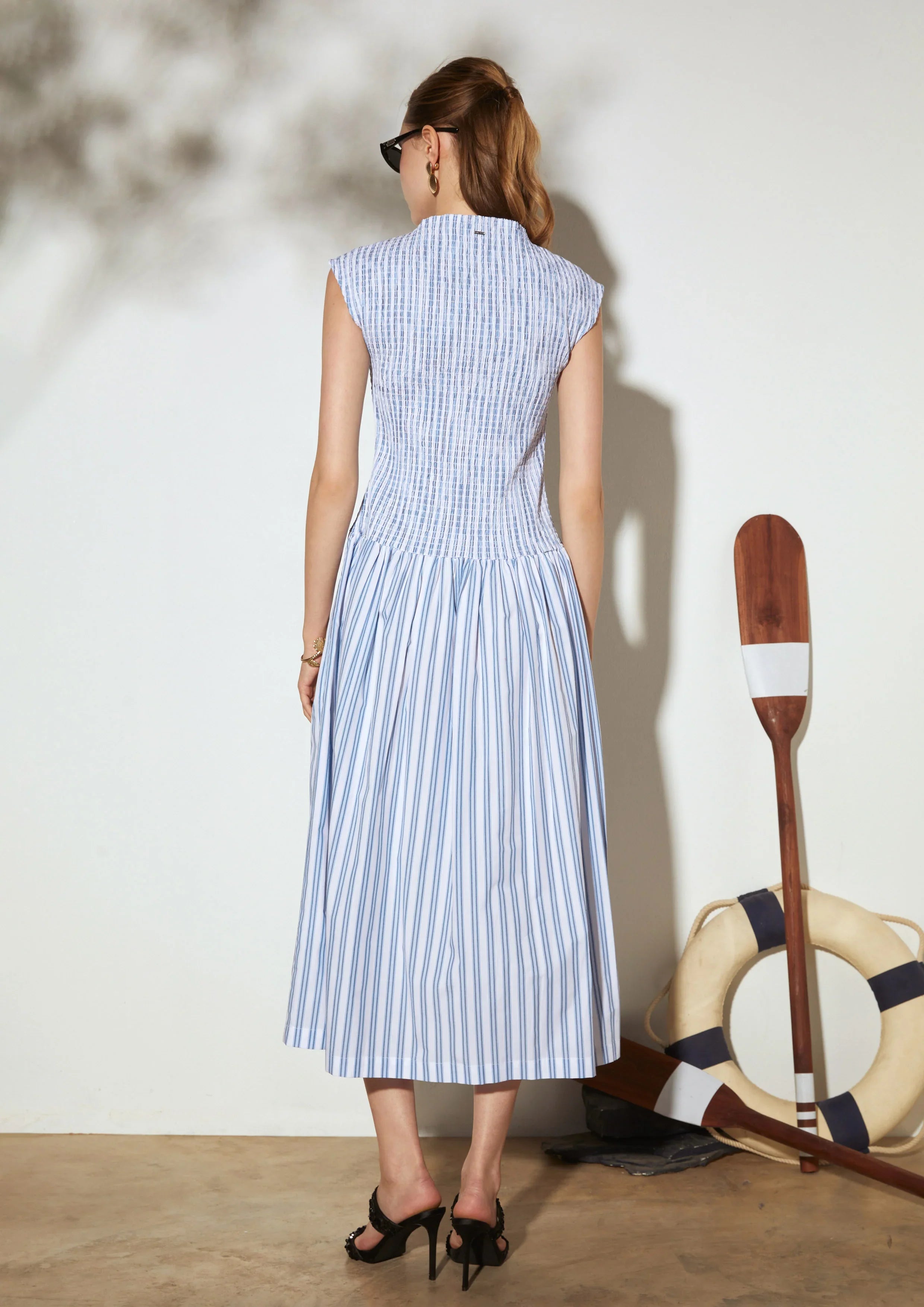 Sleeveless Smocked Midi Dress with High Neck