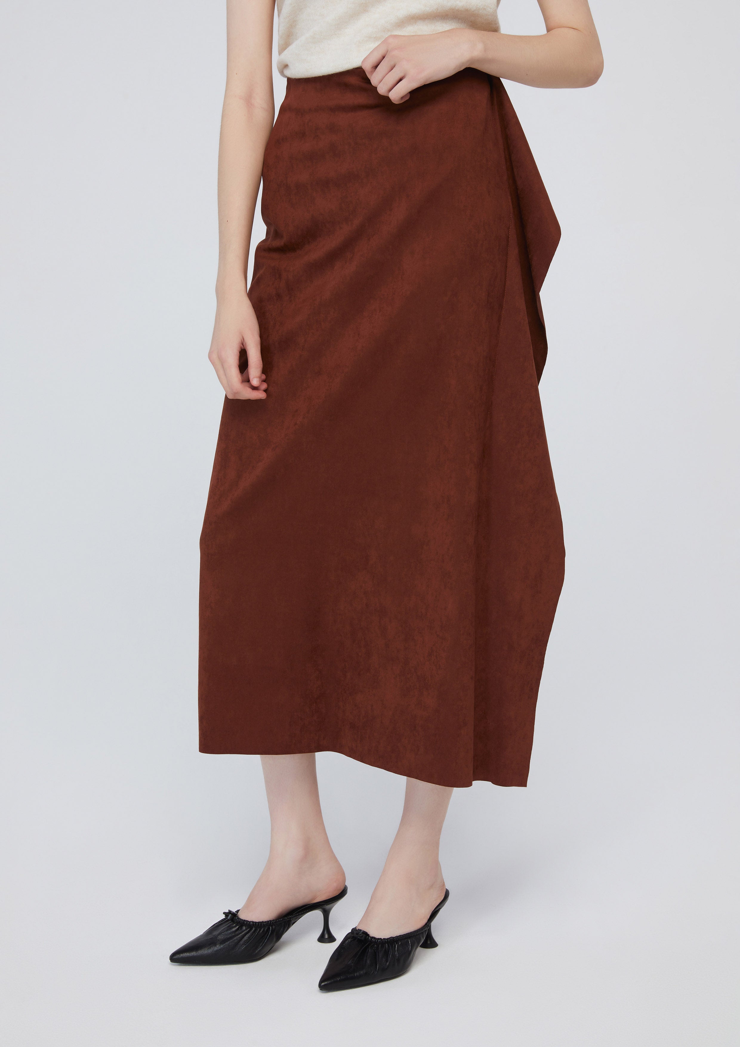 กระโปรงมิดิหนังกลับแต่งผ้าระบาย