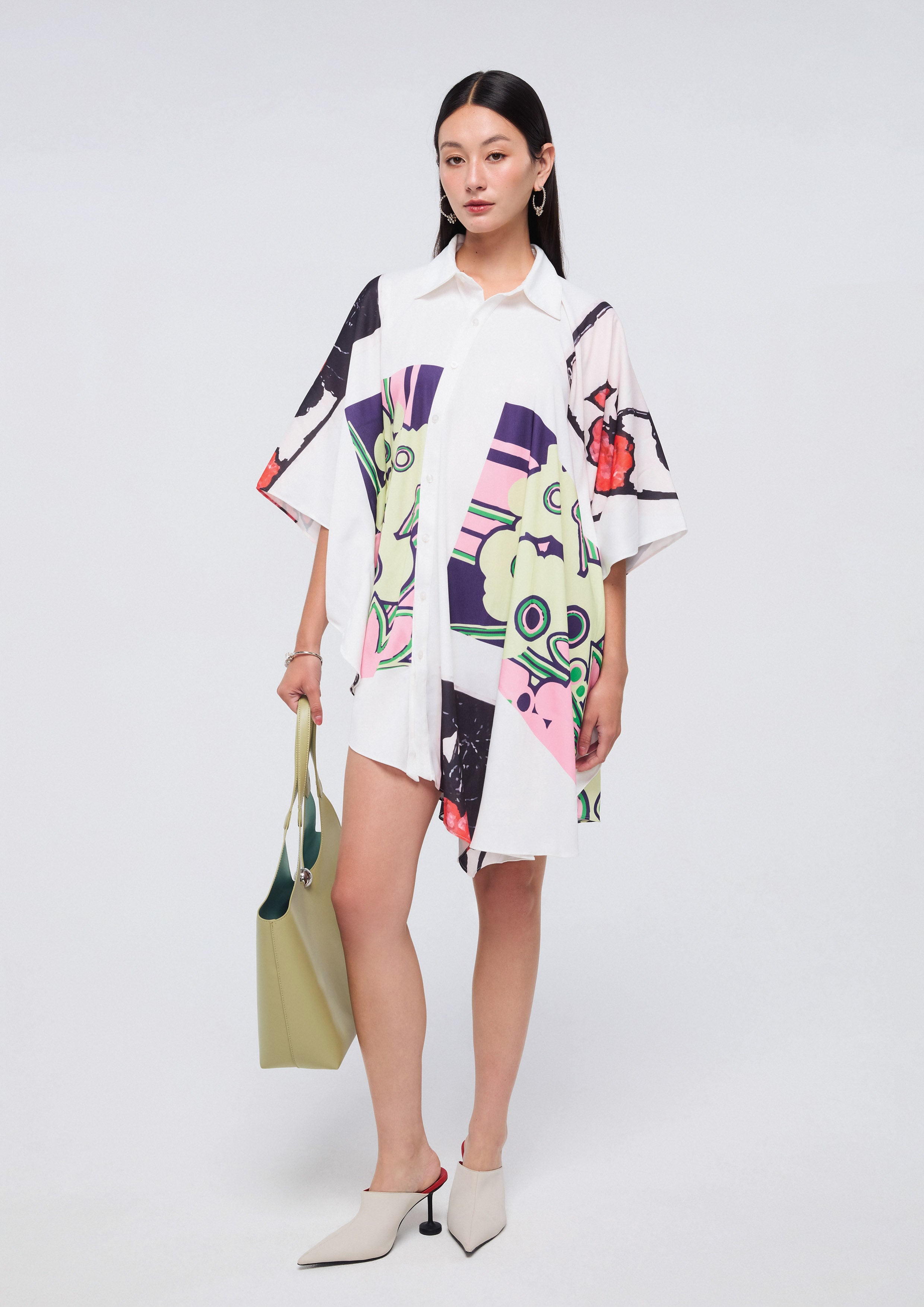 Print Asymmetric Shirt Dress - XS Print Asymmetric Shirt Dress - XS