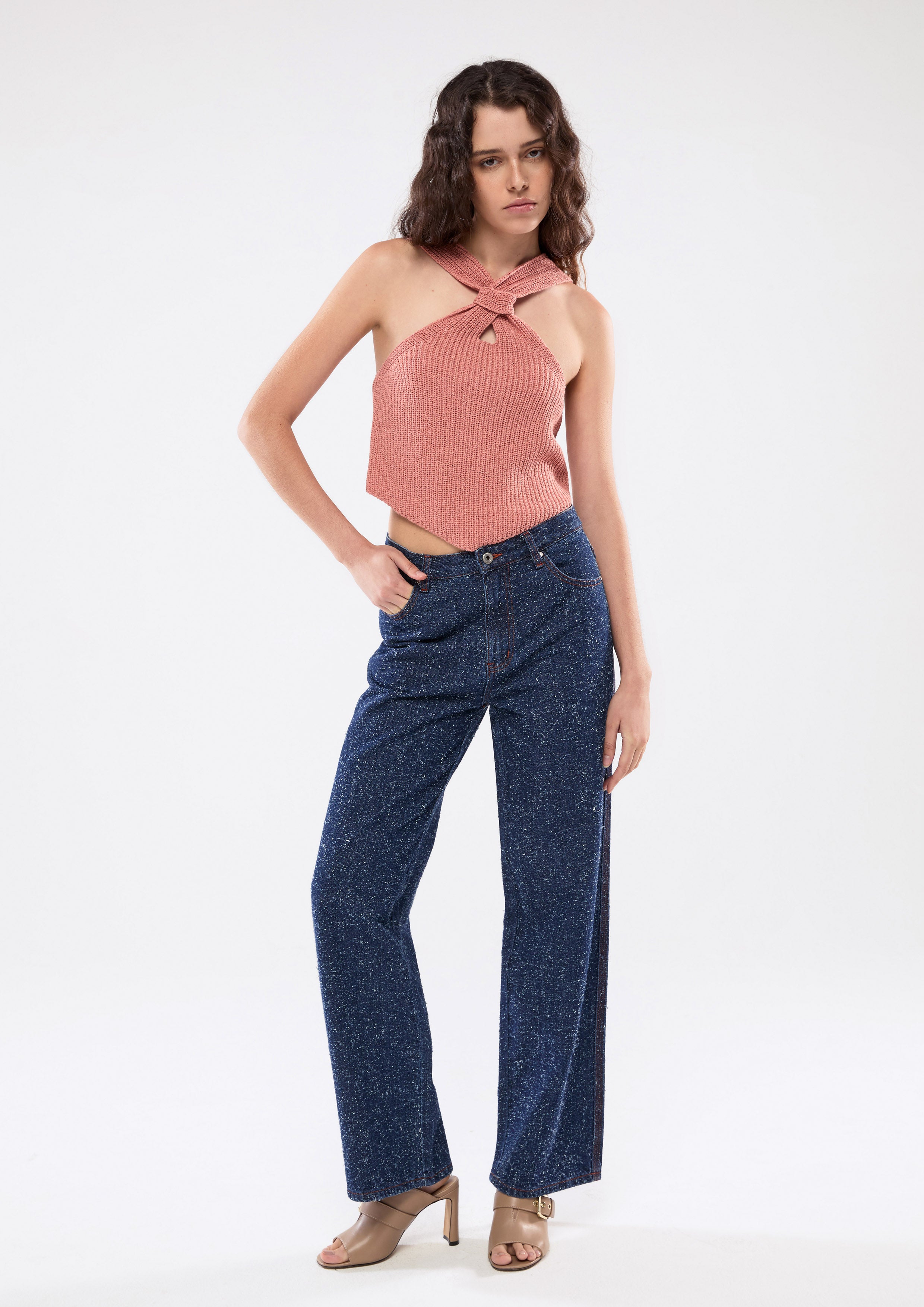  กางเกงเดนิมขายาวเท็กเจอร์ปมด้าย