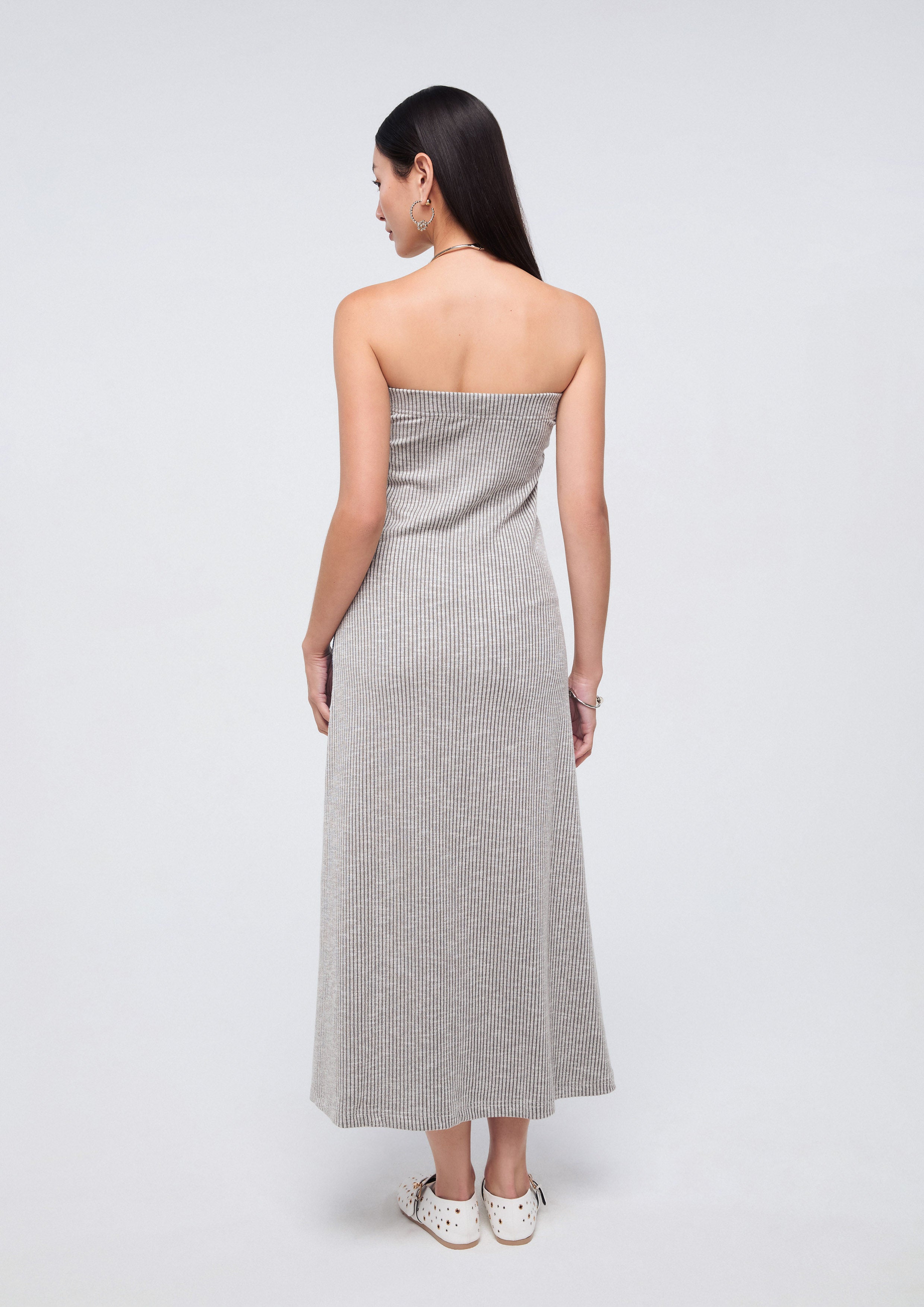 เดรสเกาะอกลายทางพร้อมพาแนลผ้าเดนิม