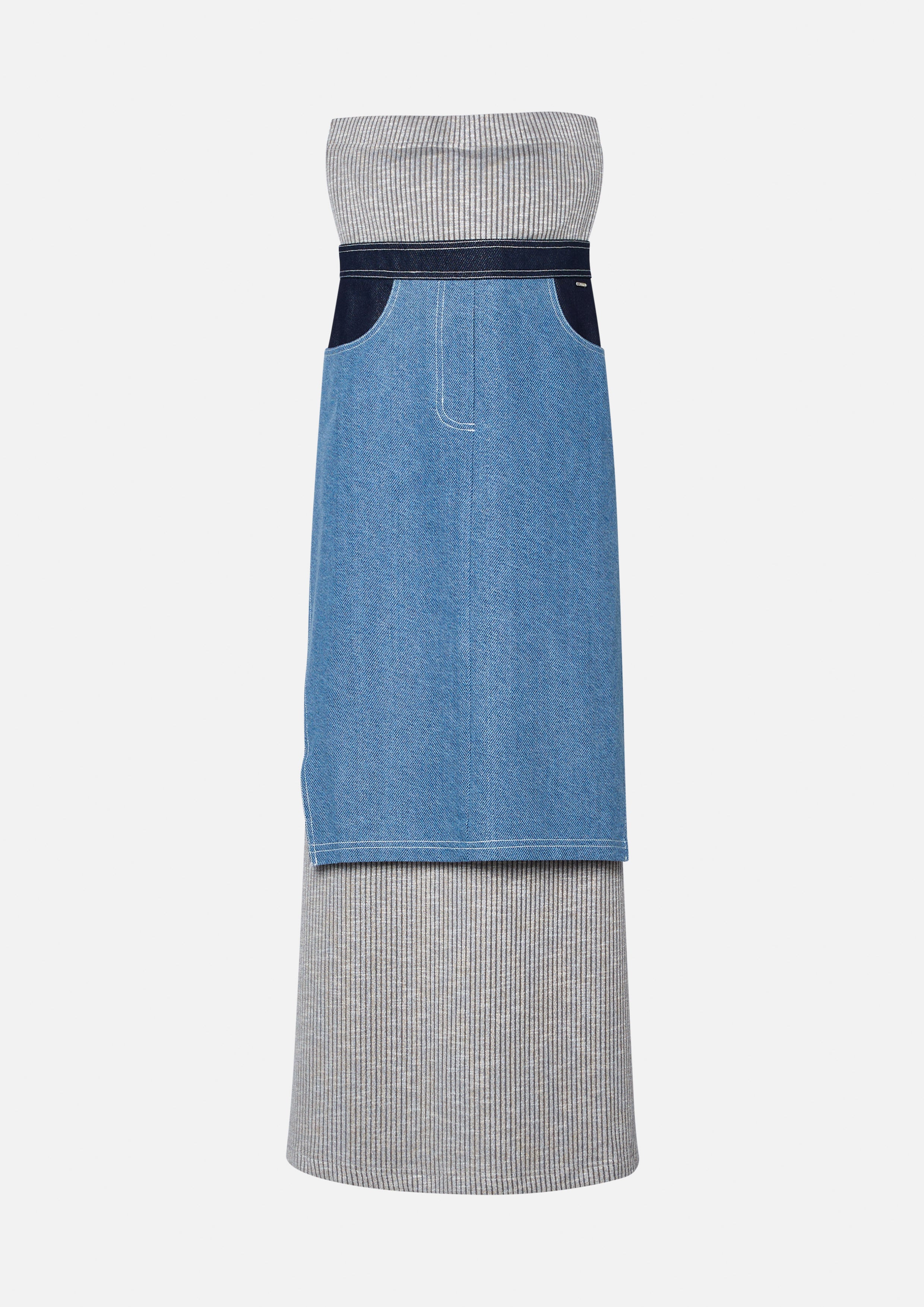 เดรสเกาะอกลายทางพร้อมพาแนลผ้าเดนิม