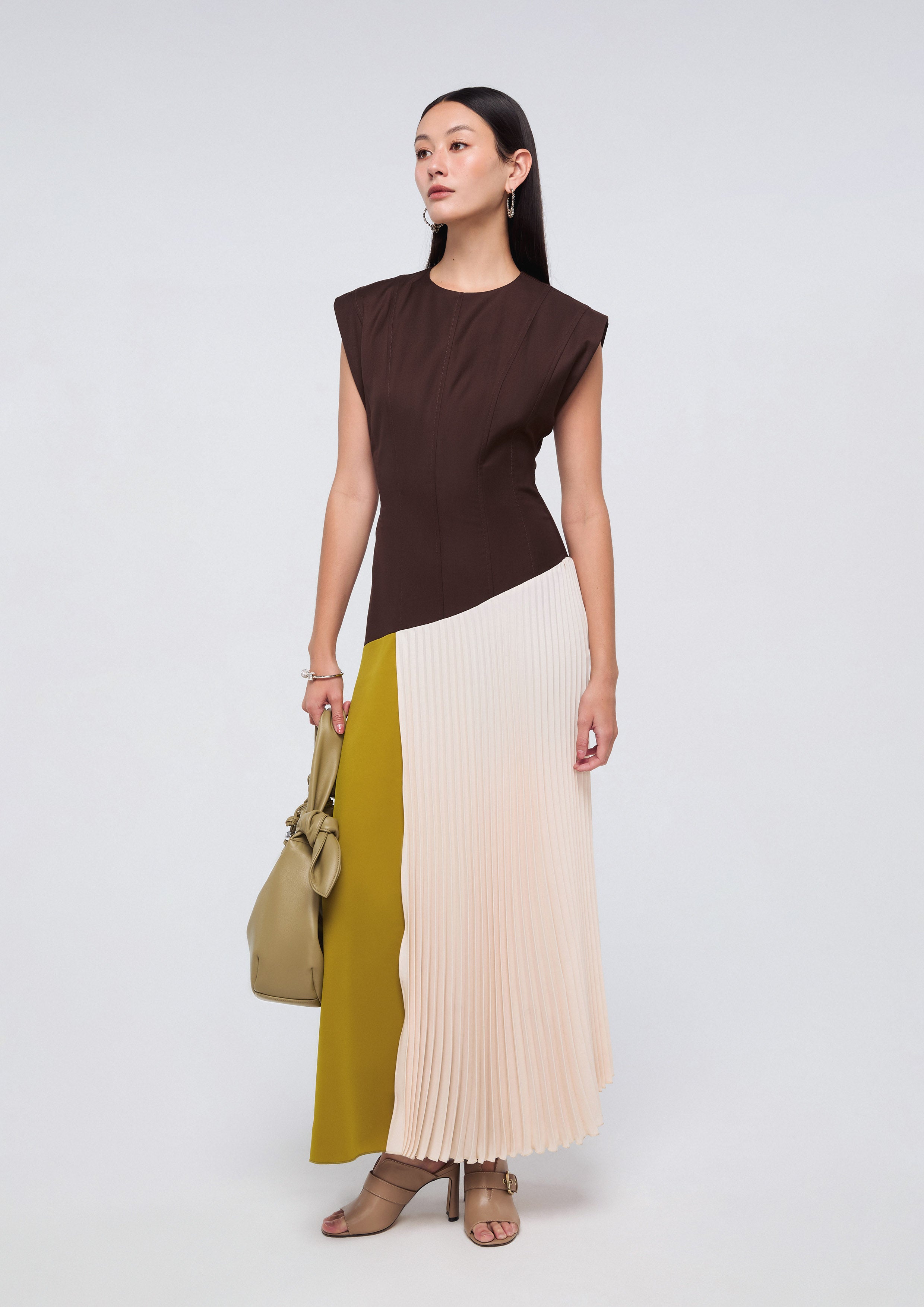 เดรสคัลเลอร์บล็อกกระโปรงพลีท