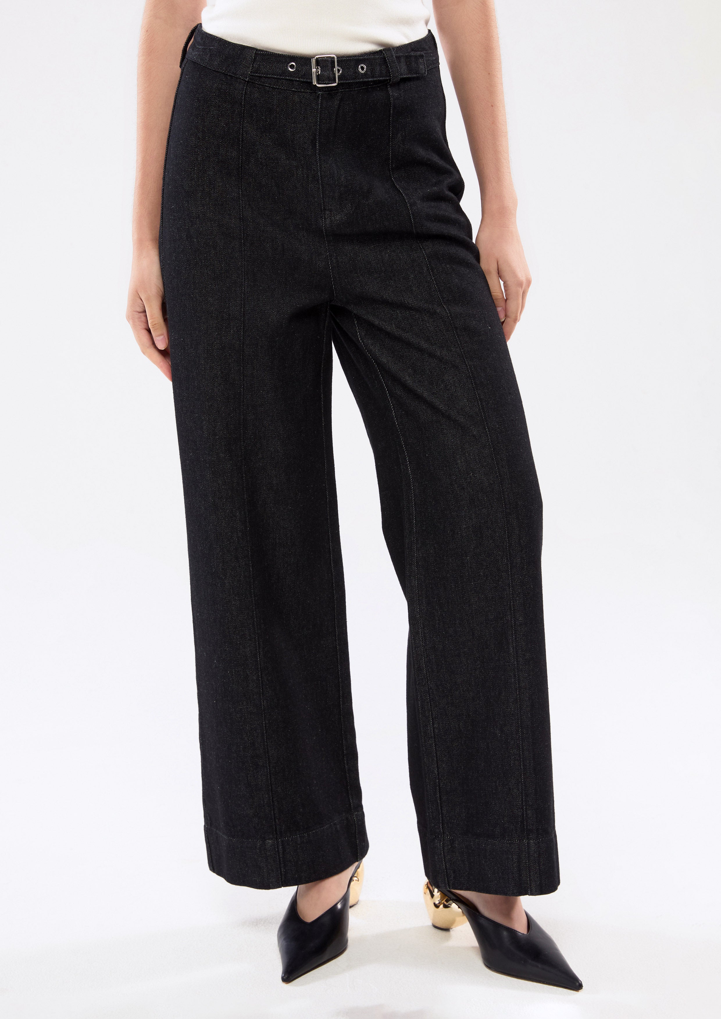 Wide Leg Denim Pants With Belt