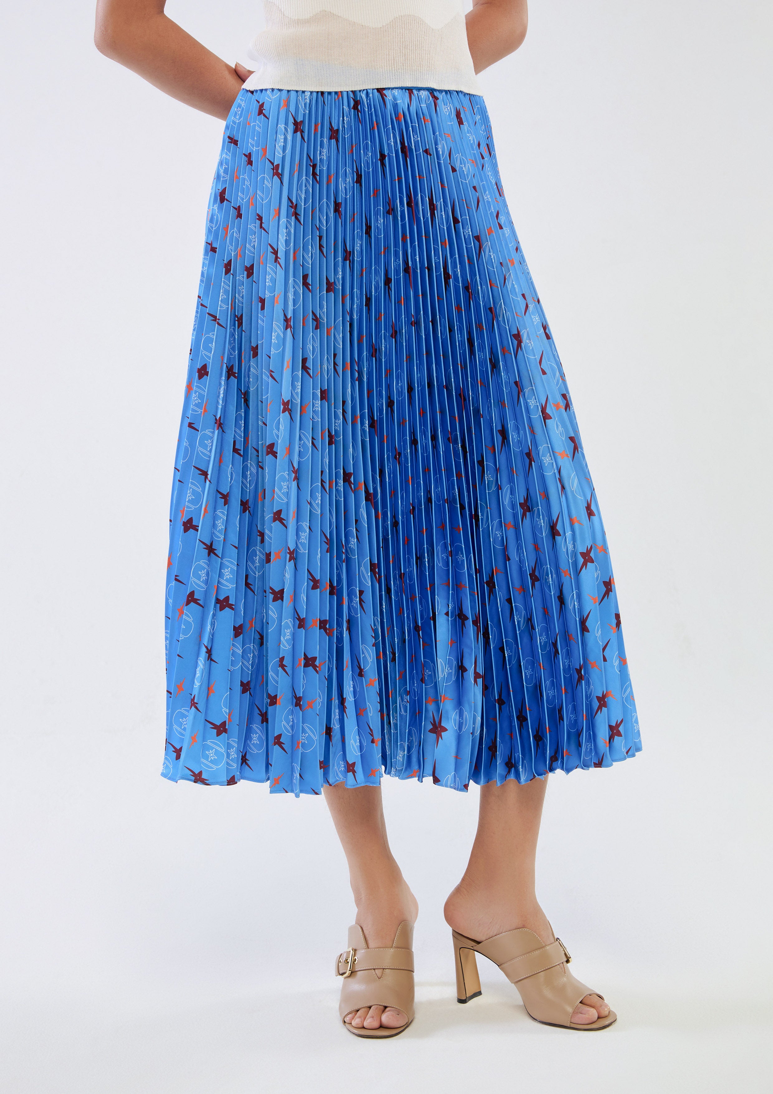 Print Pleated Midi Skirt