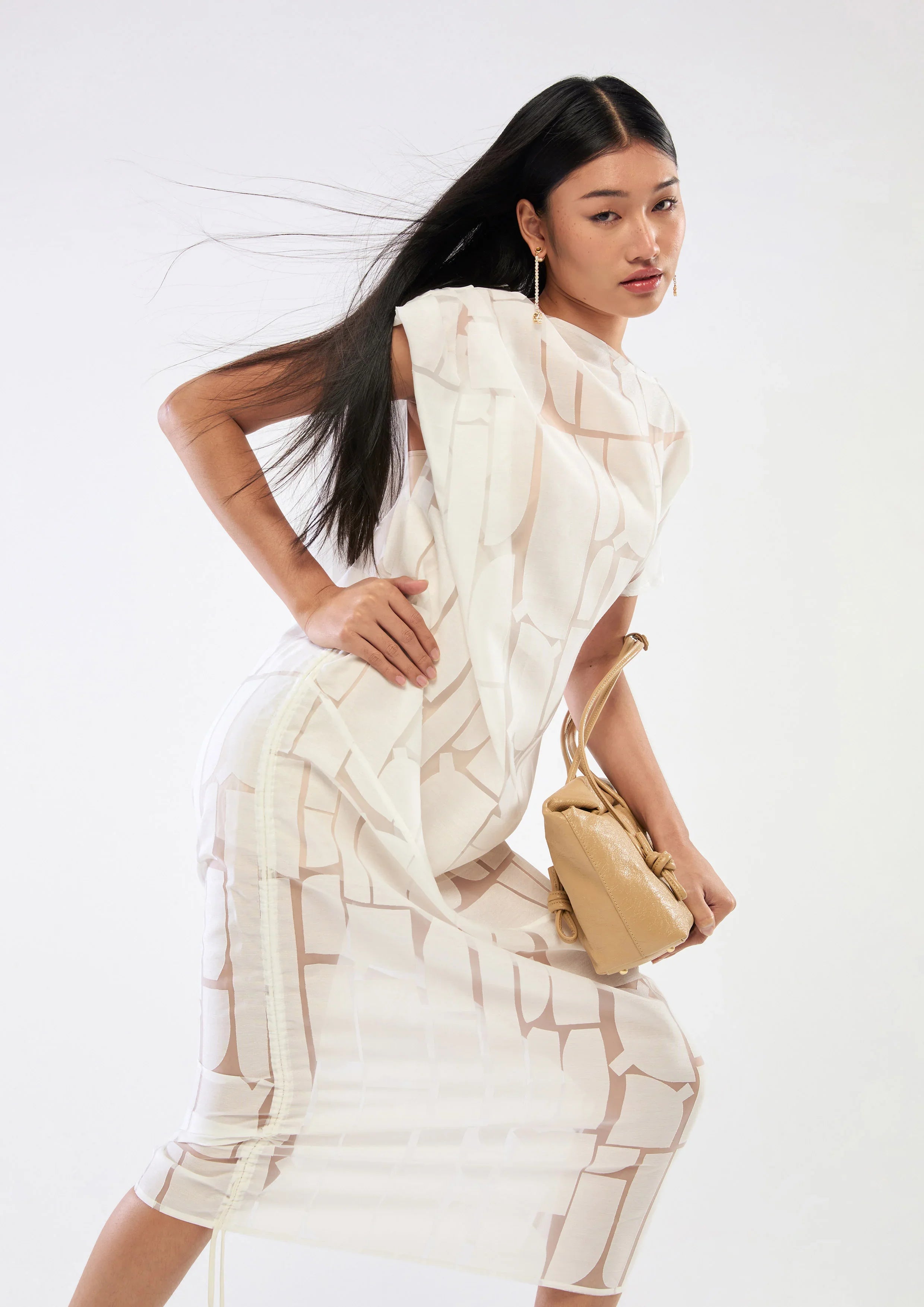 Drape Sheer Panel Midi Dress