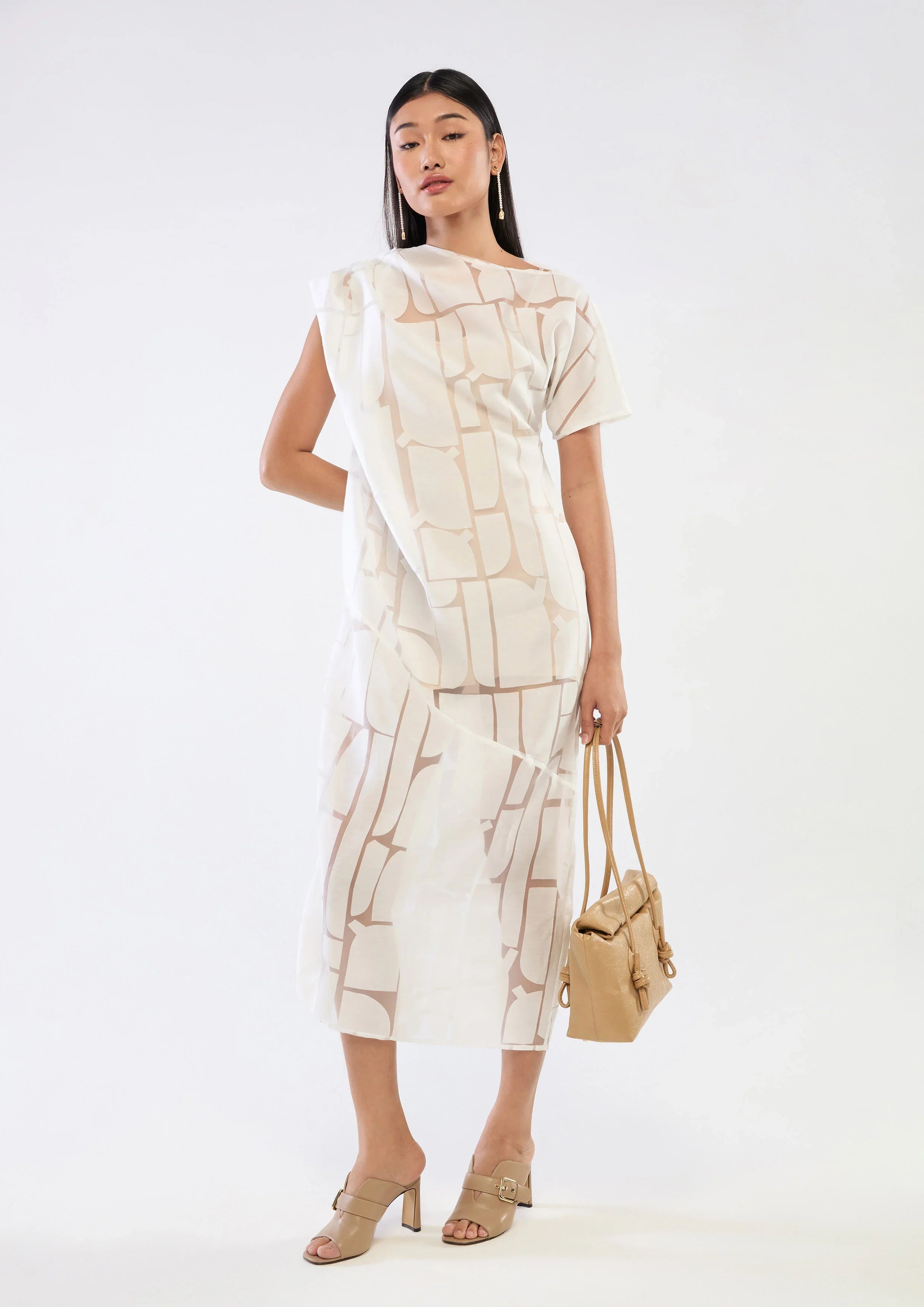 Drape Sheer Panel Midi Dress