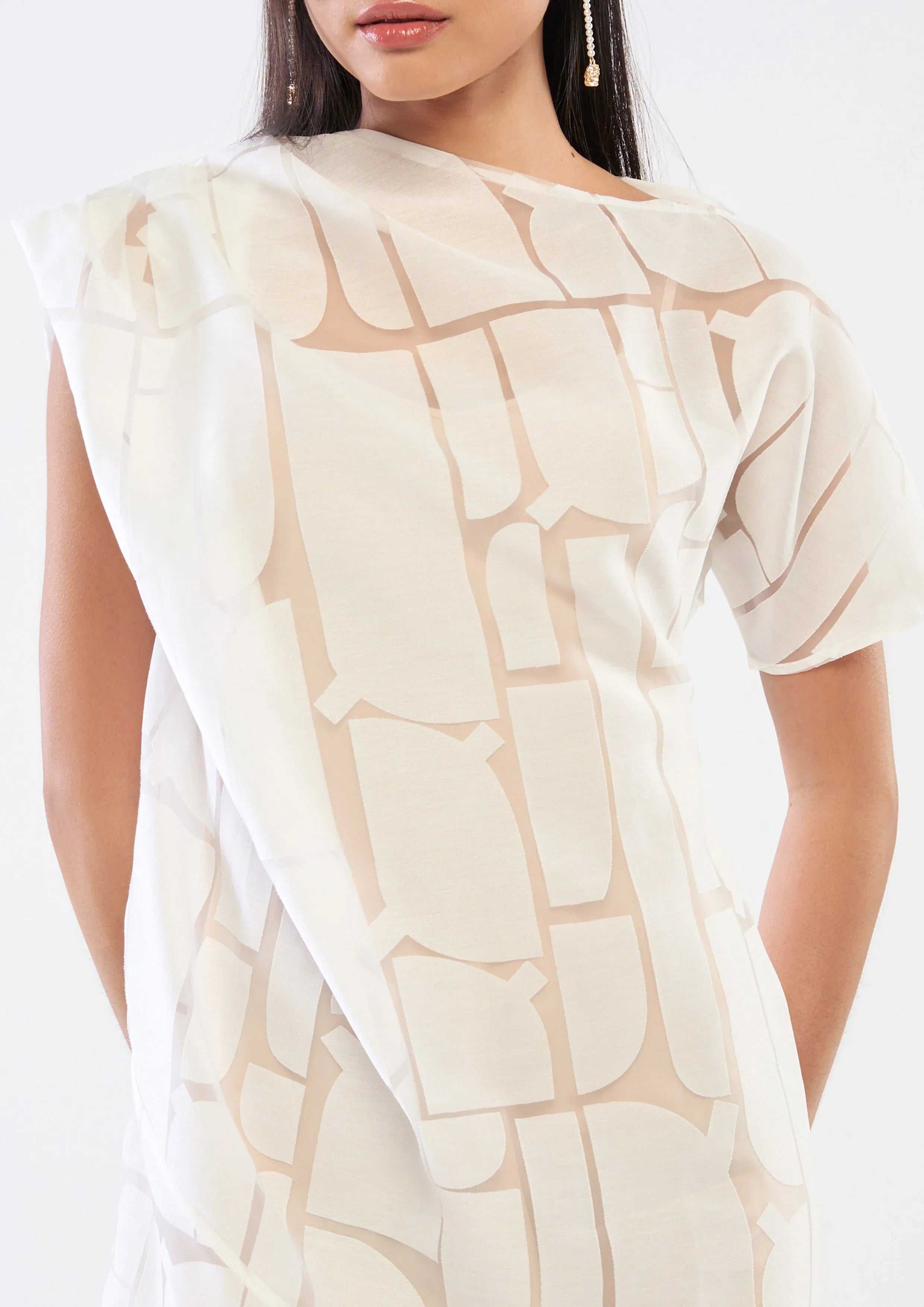 Drape Sheer Panel Midi Dress