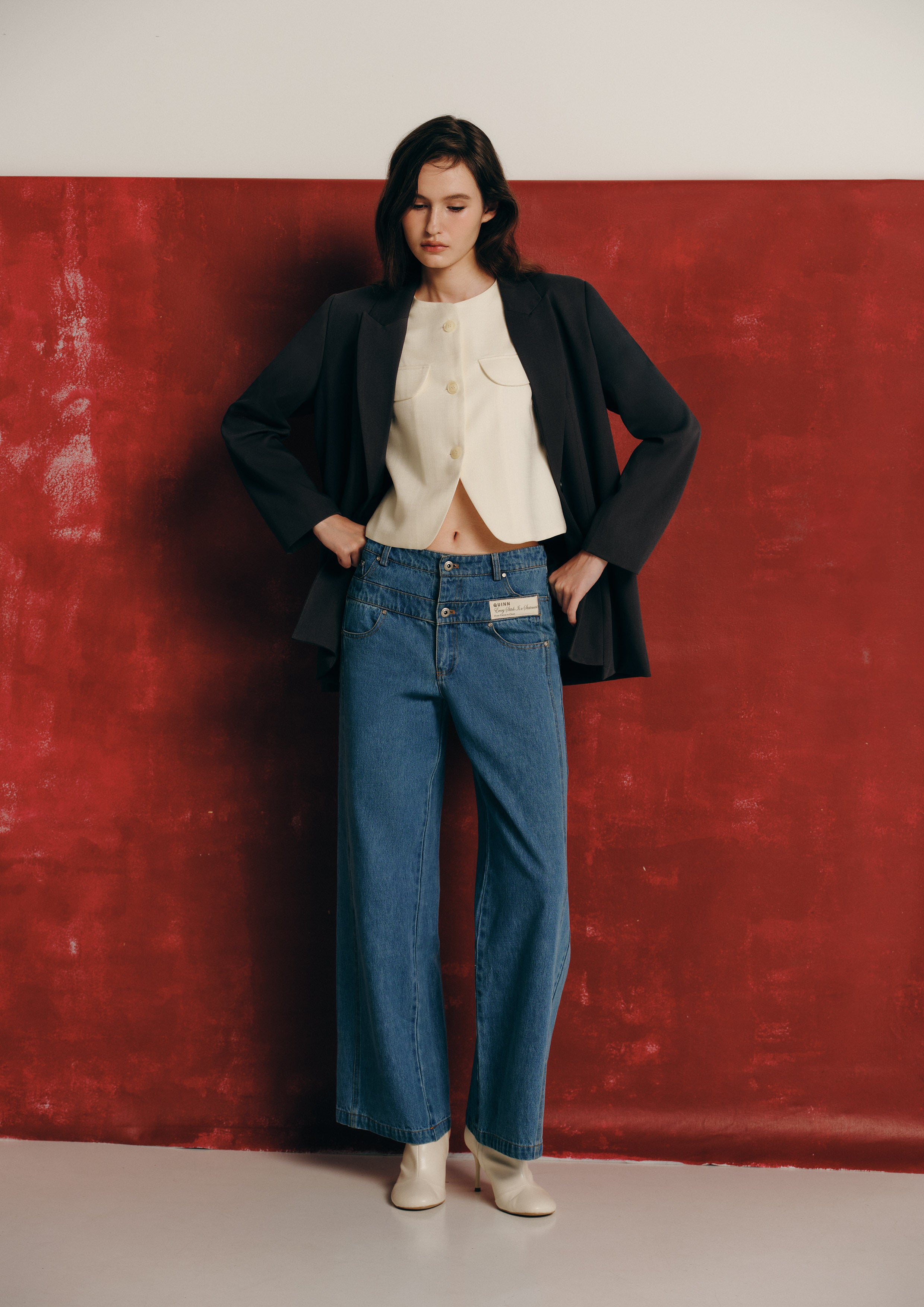 Double Waistband Denim Wide Leg Pants