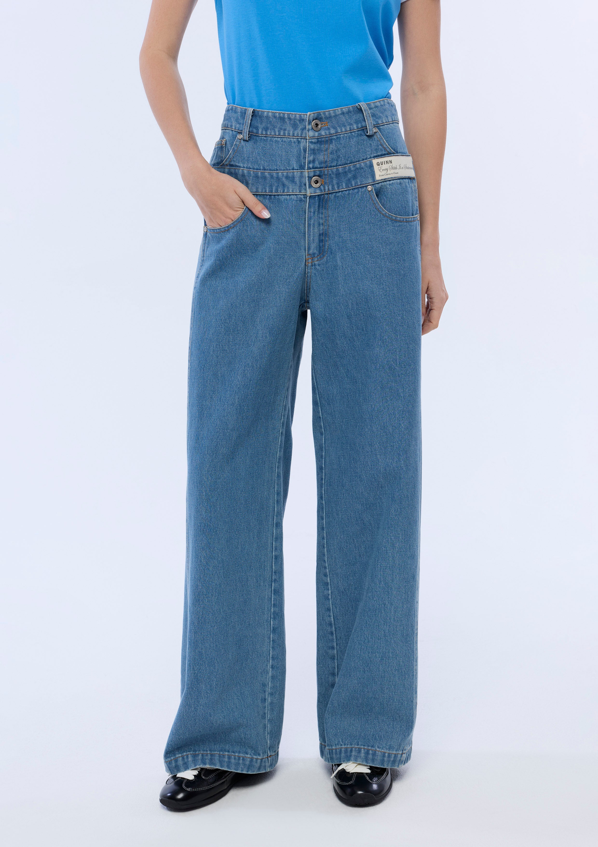 Double Waistband Denim Wide Leg Pants