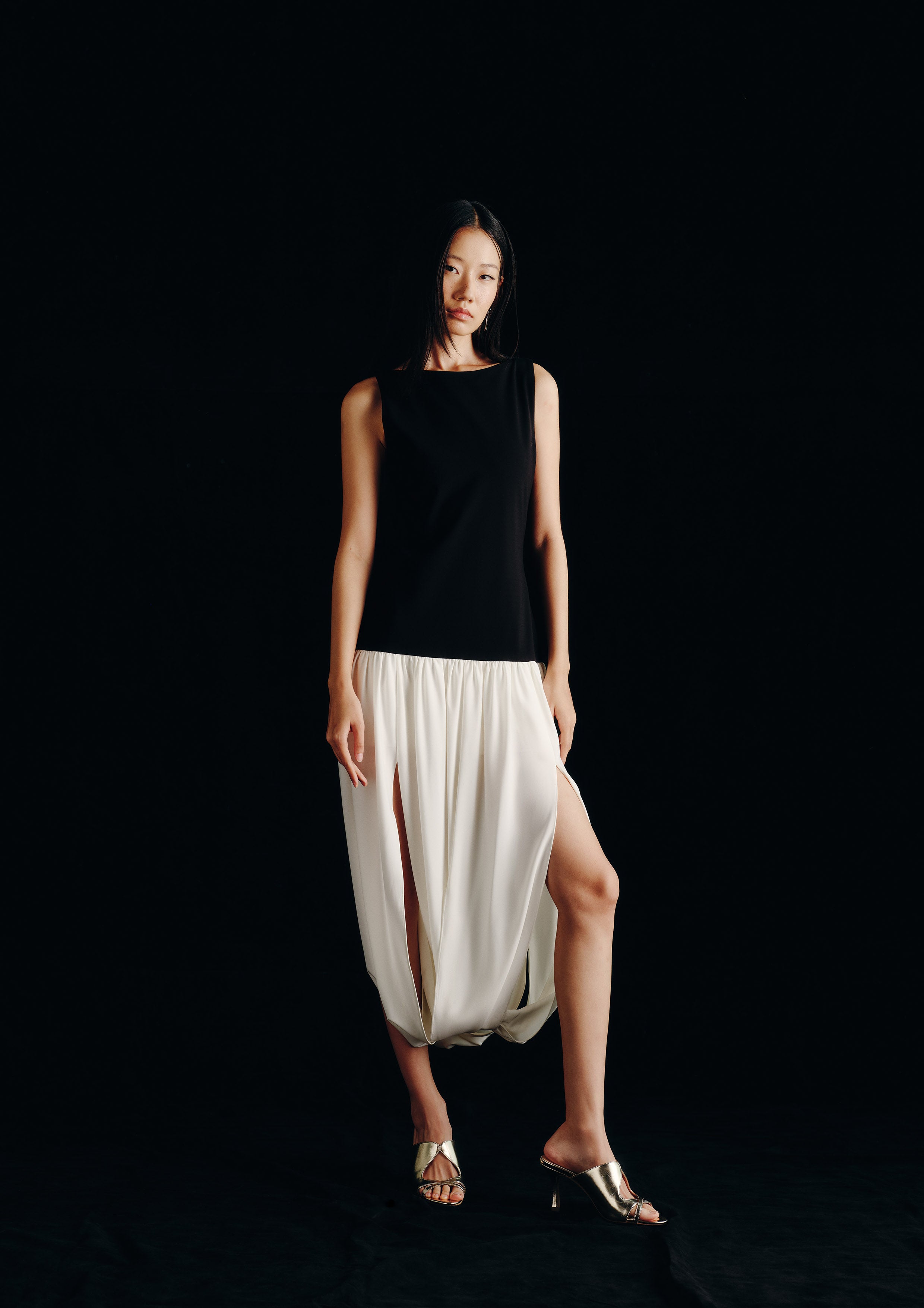 Fluid Volume Drape Midi Dress