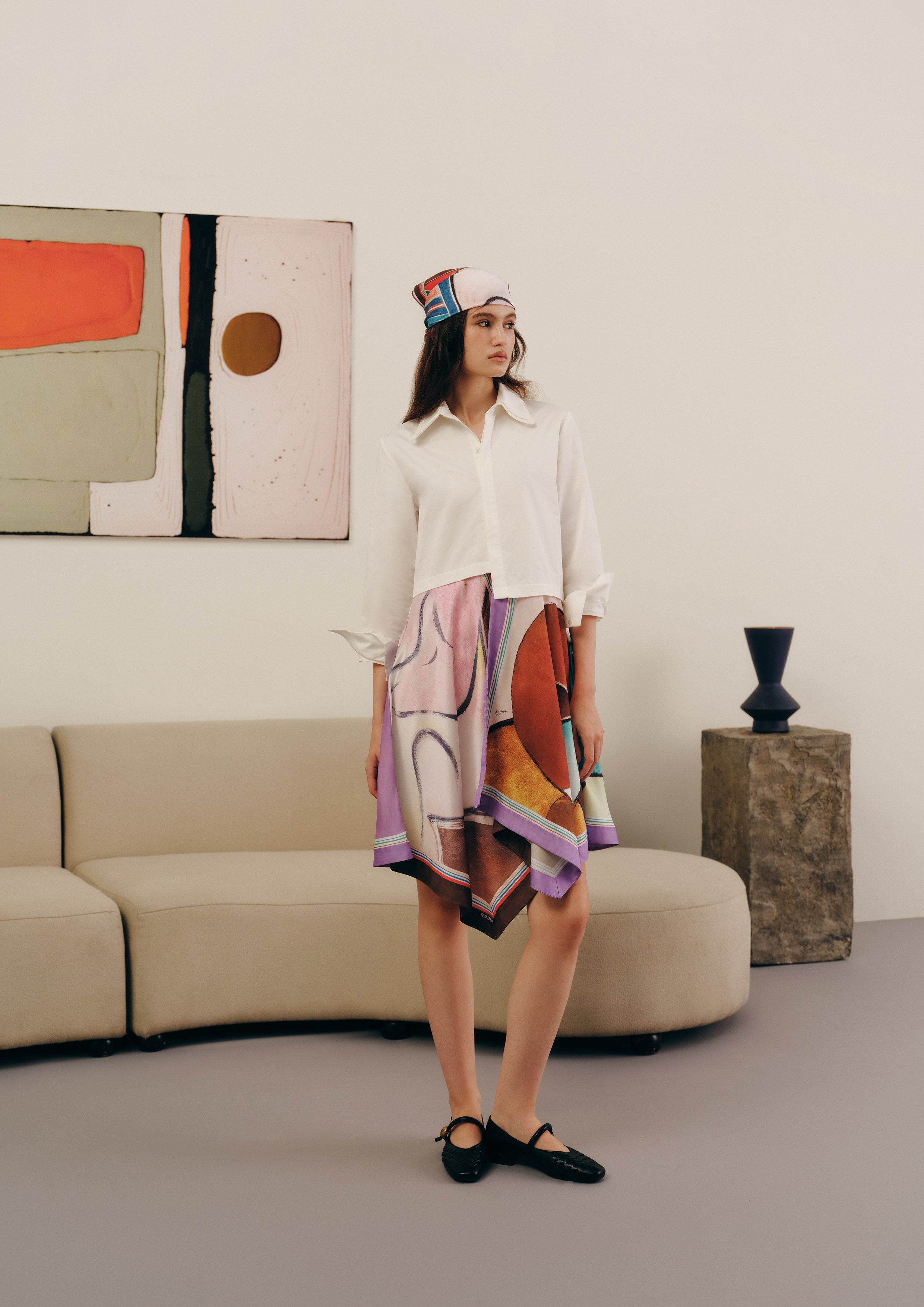 Print Satin Skirt Panel Midi Dress