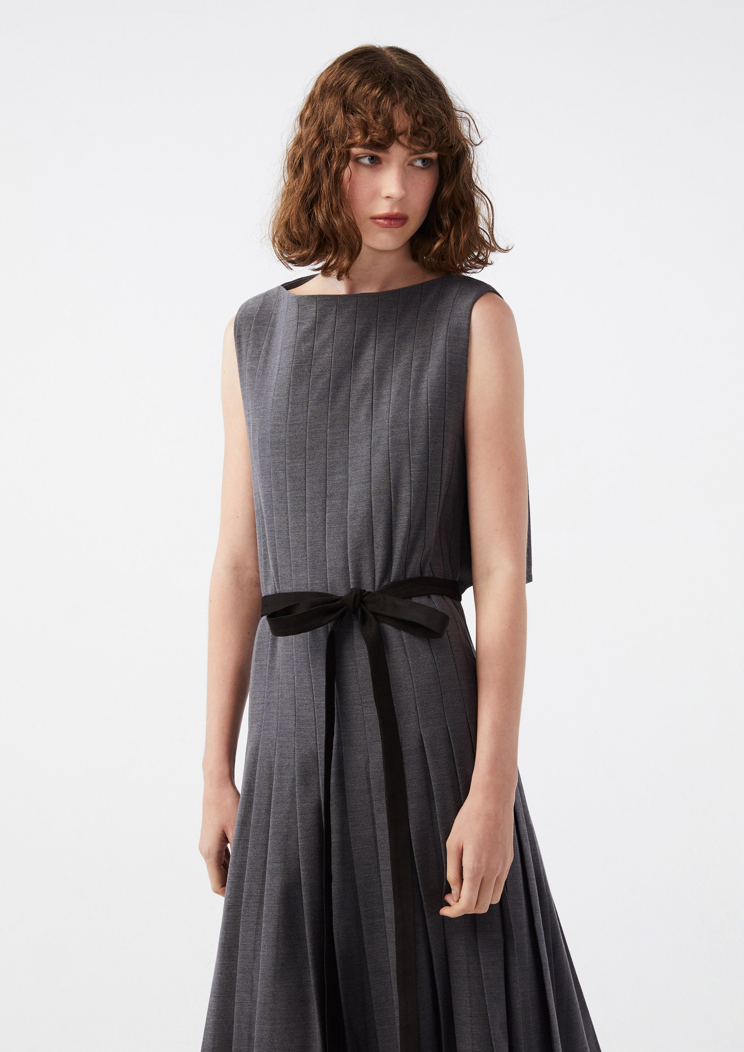 Pleated Midi Dress With Bow Belt
