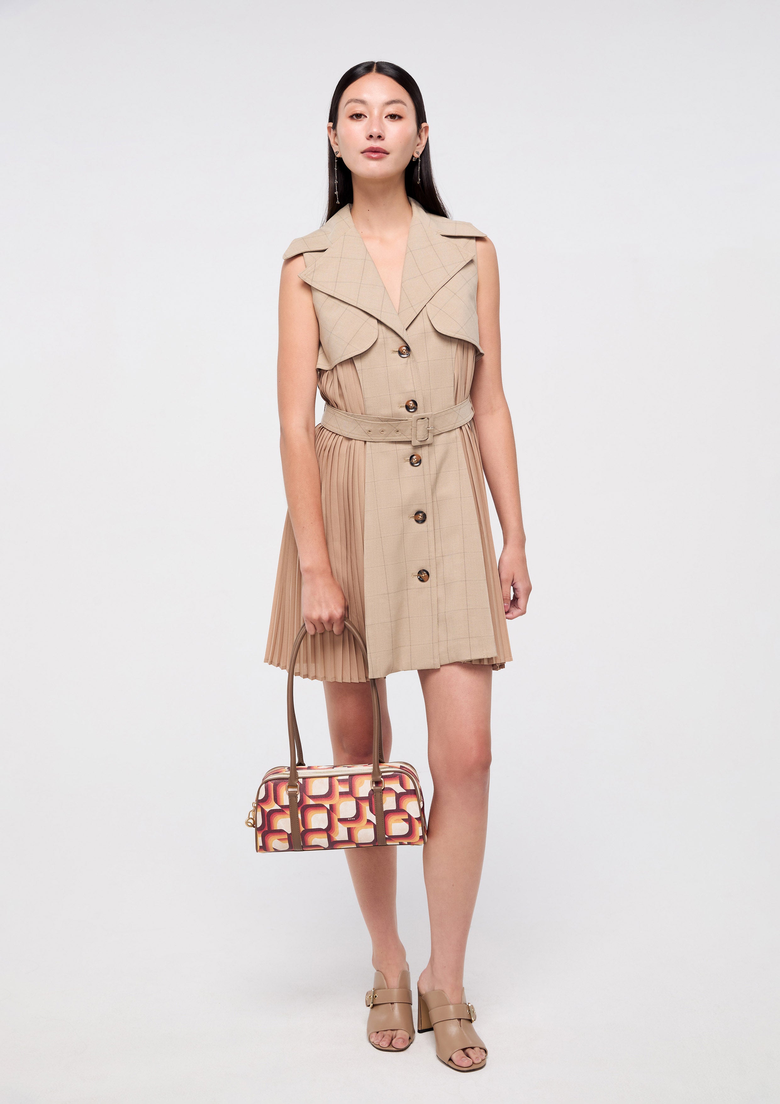 Checkered Mini Dress With Side Pleated