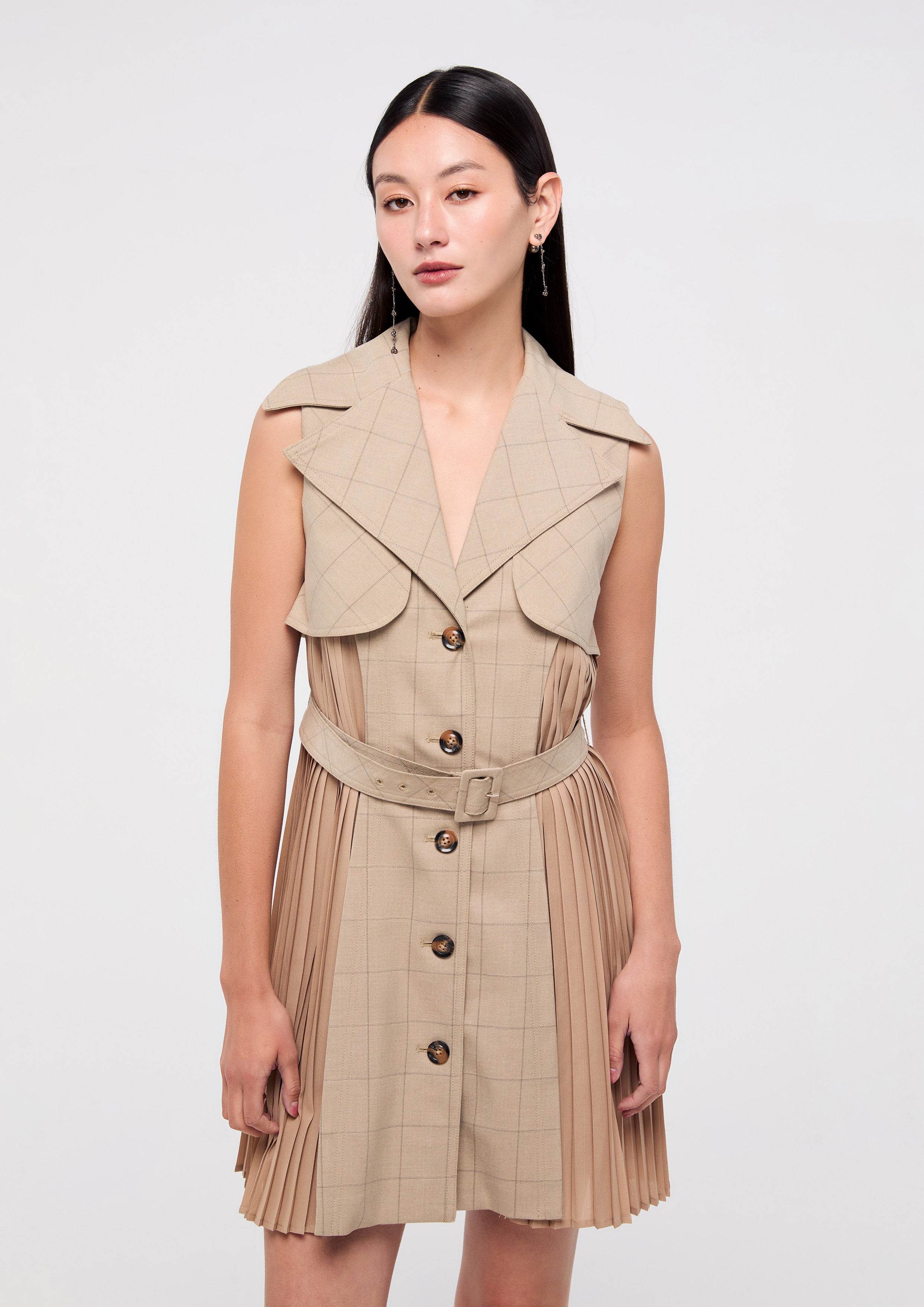 Checkered Mini Dress With Side Pleated