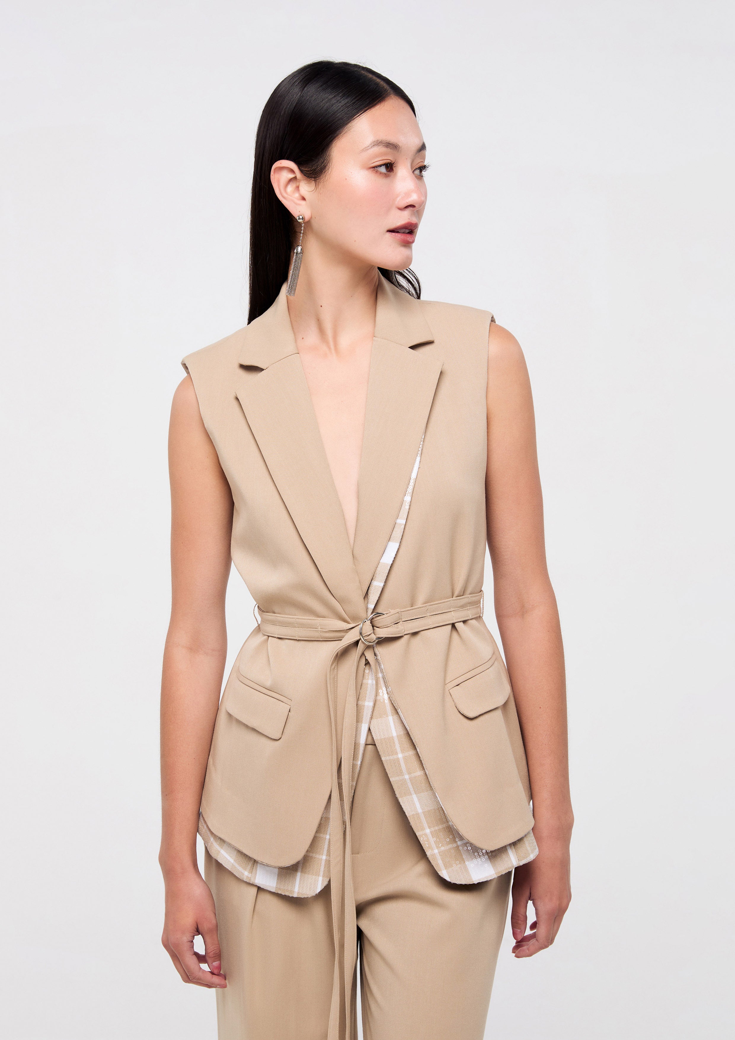 Leyered Collar Vest With Waist Buckle