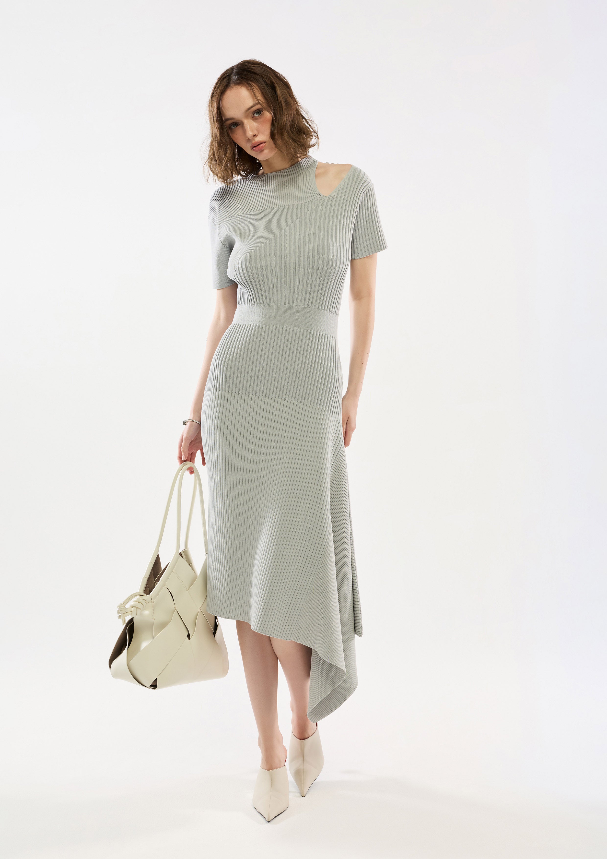 asymmetric cutout midi dress Asymmetric Skirt Cut-Out Shoulder Midi Dress