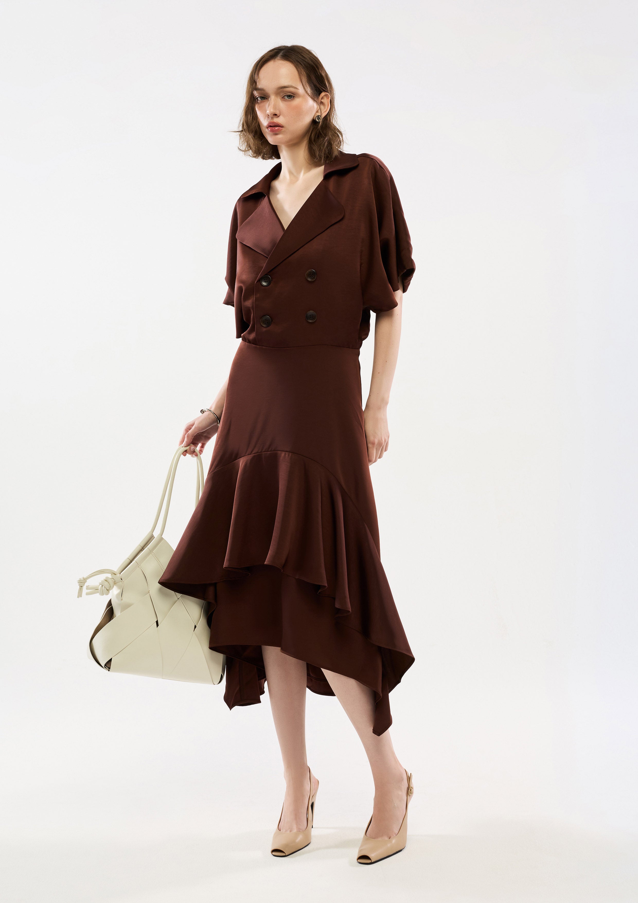 double breasted dress midi Satin Double Breasted Ruffle Skirt Midi Dress