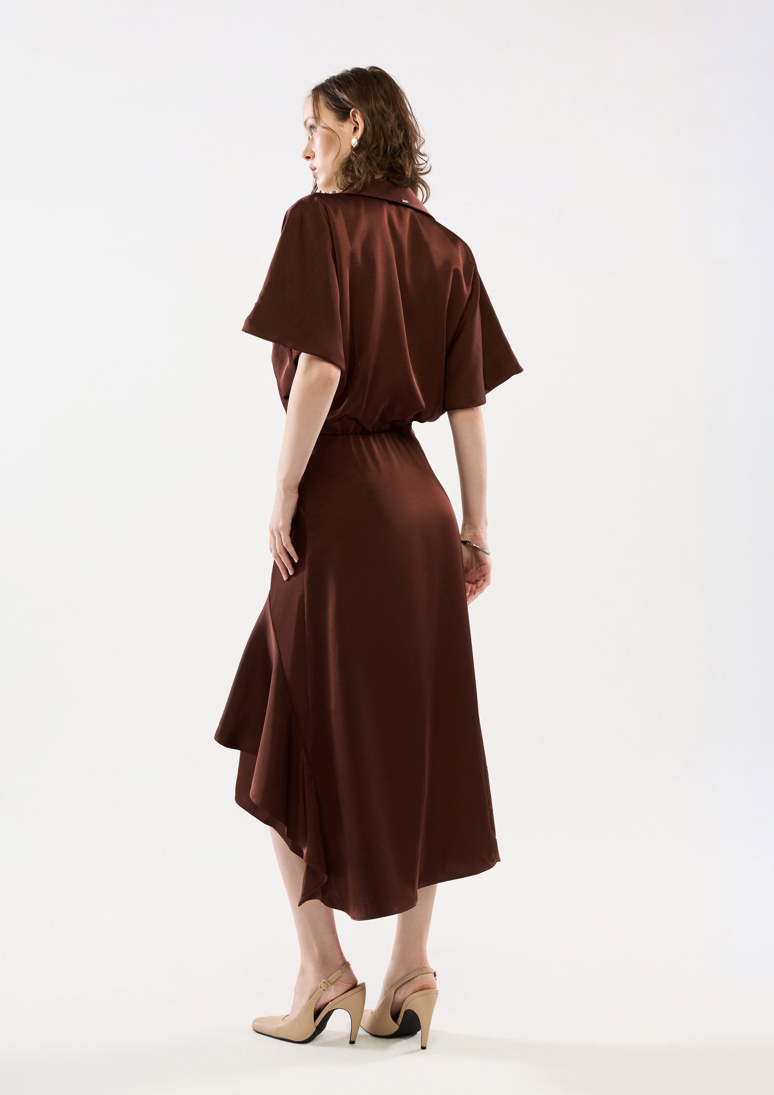 Satin Double Breasted Ruffle Skirt Midi Dress