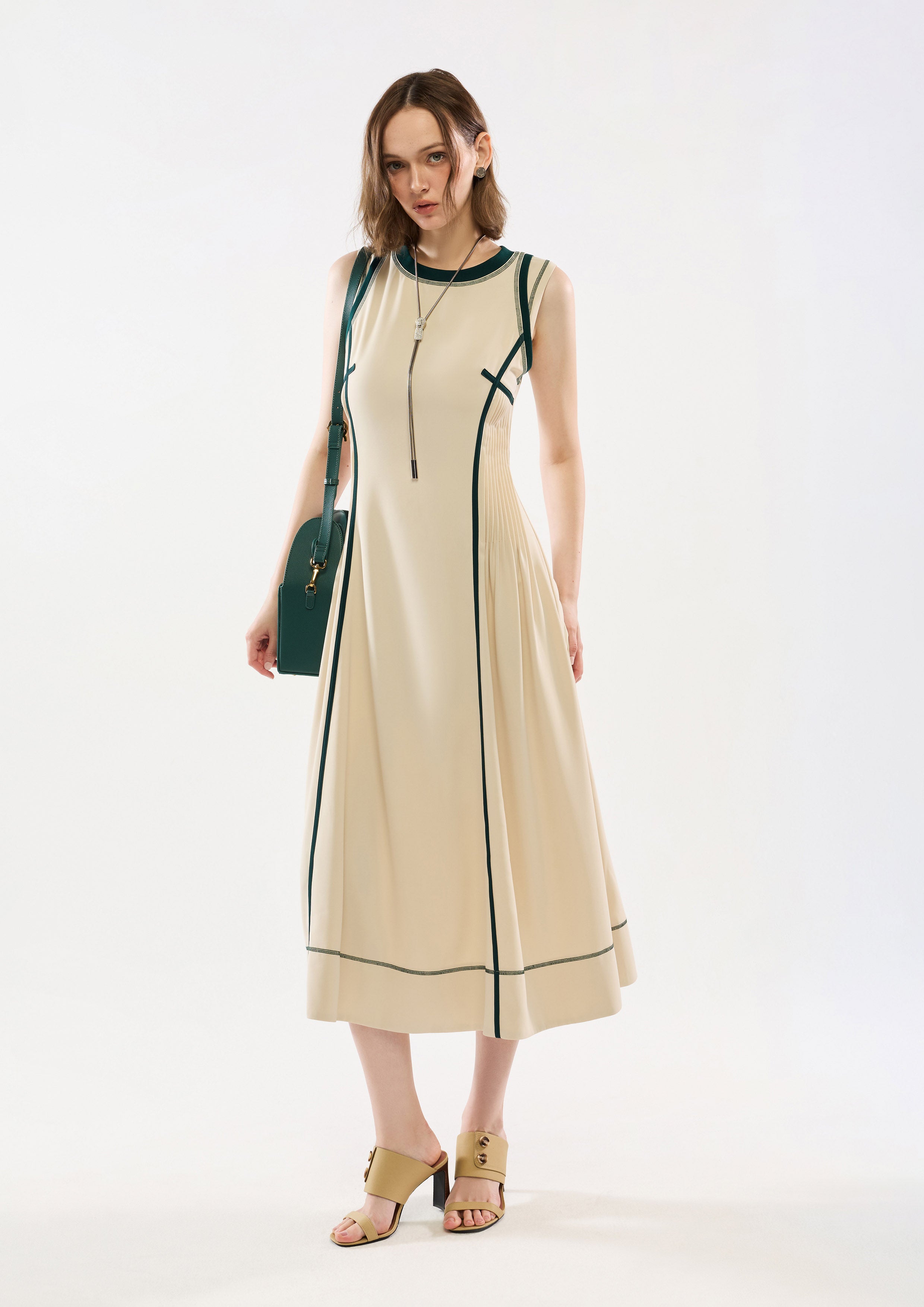 Contrast Trim Sleeveless Midi Dress