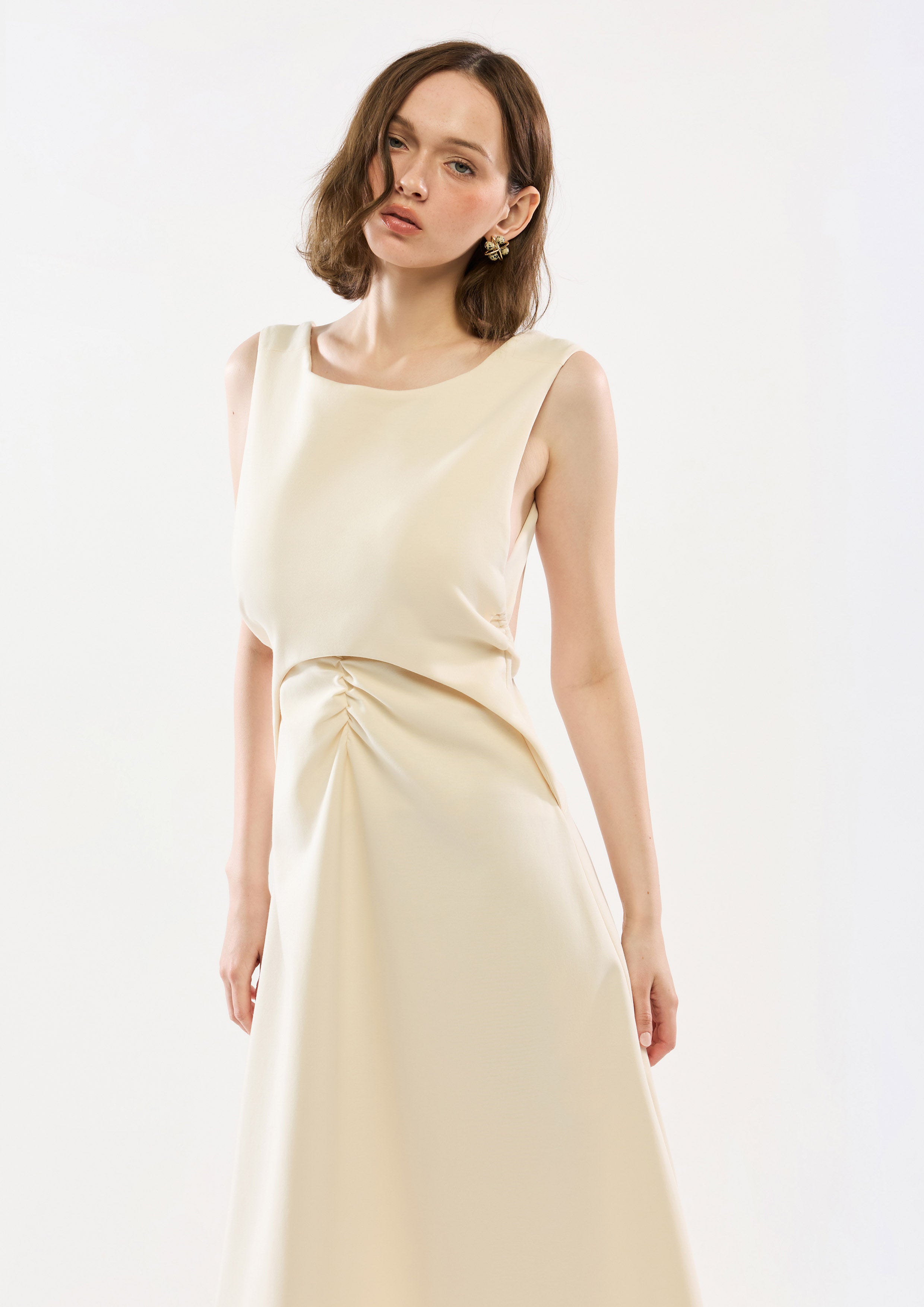 Front Ruched Sleeveless Midi Dress