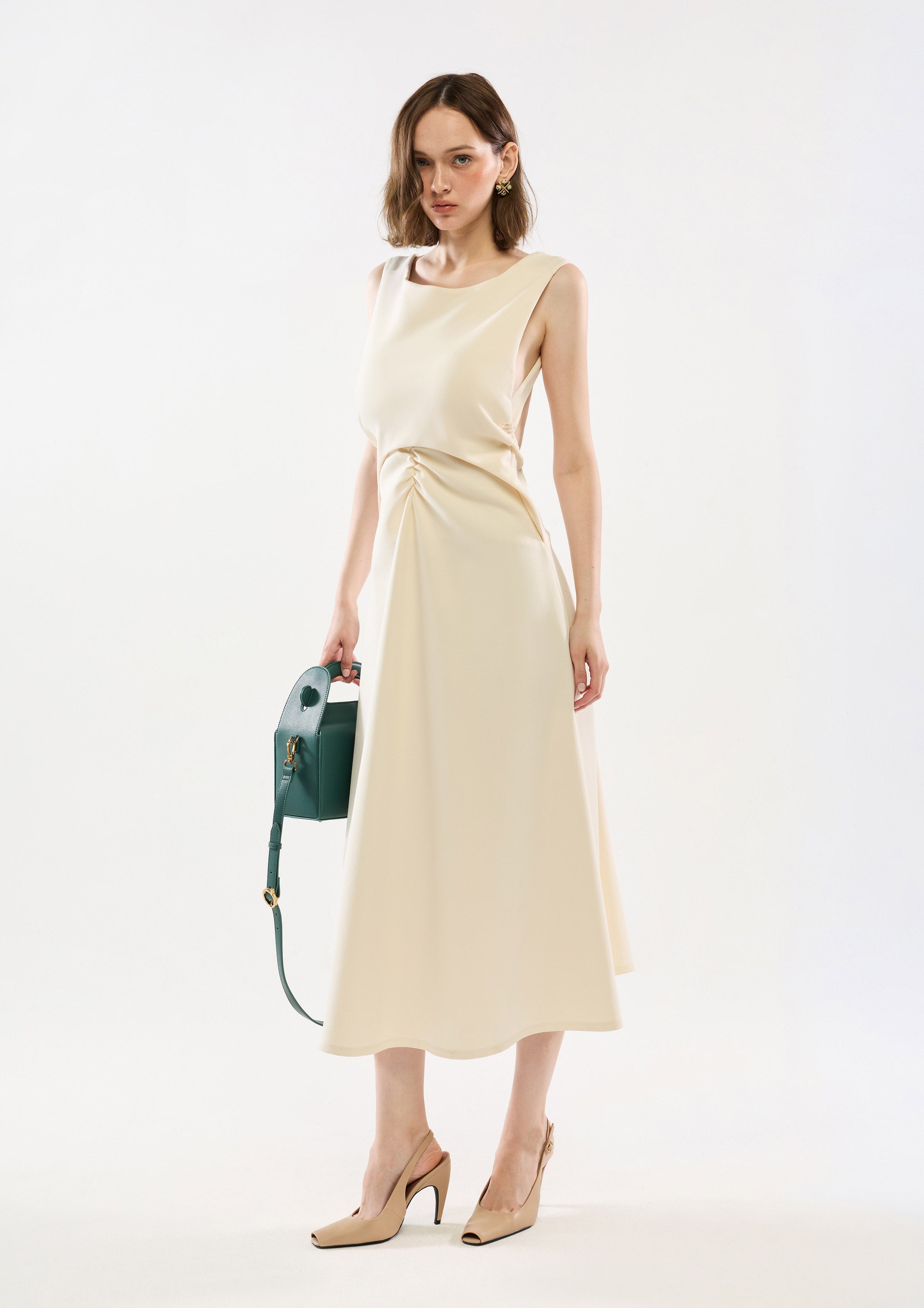 Front Ruched Sleeveless Midi Dress