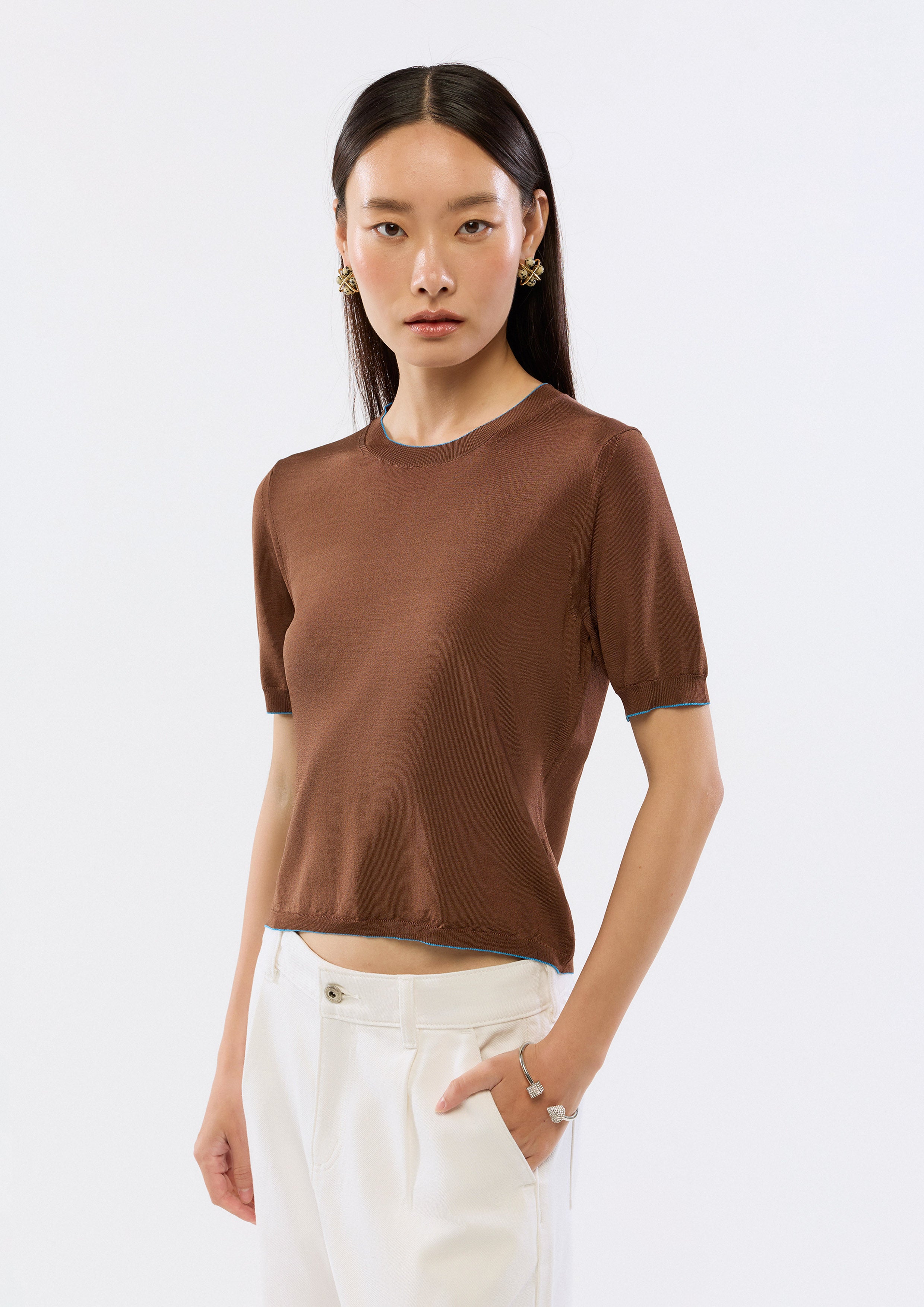 Contrast Trim Knitted Short Sleeve Top